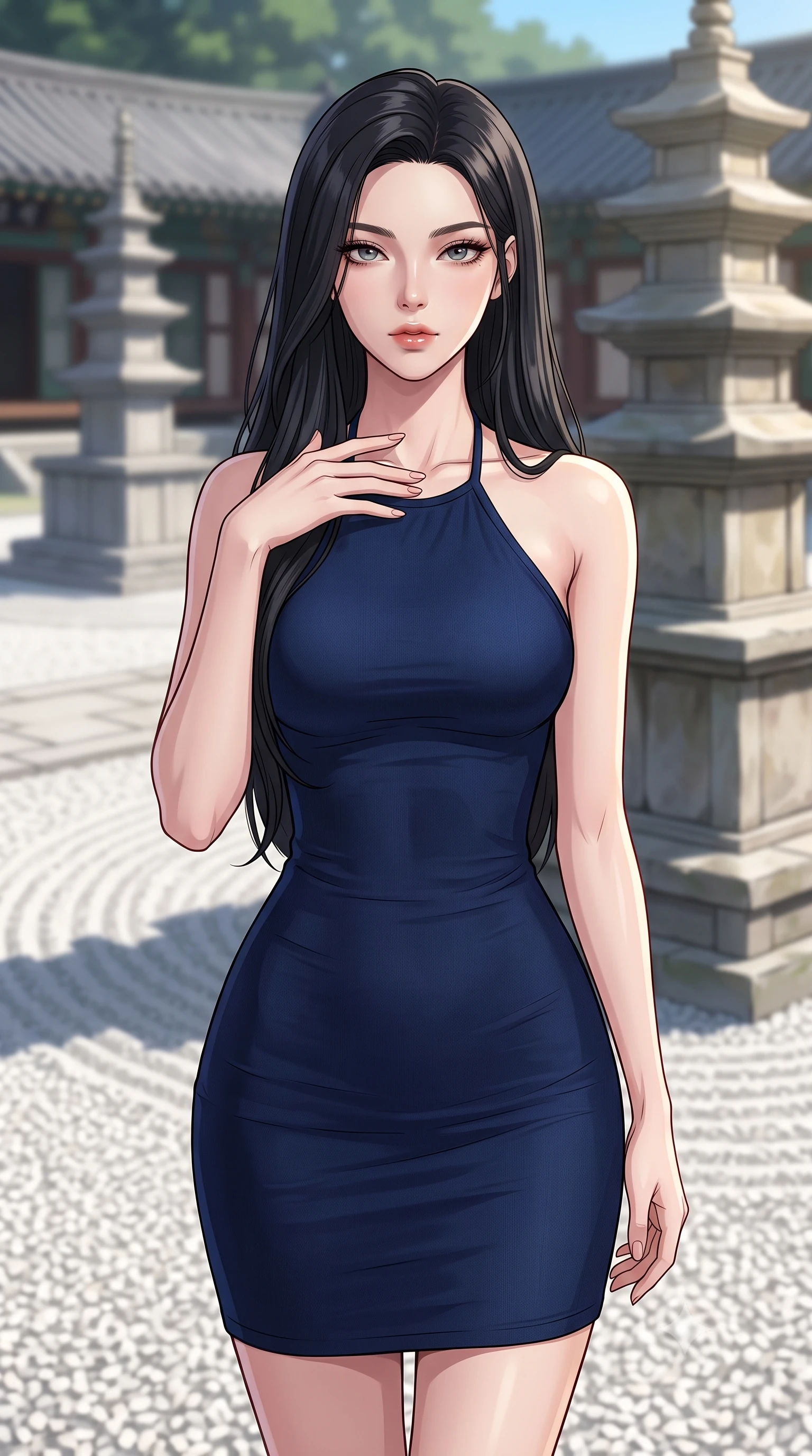 score_9, masterpiece, best quality, ultra-detailed, high-budget anime keyframe, tasteful artistic composition, Korean woman. close-up cowboy shot from the waist and thighs up, the character dominates the composition, filling the frame with her large presence, background elements kept in soft focus. standing with one hand resting on her collarbone, looking at the viewer with bedroom-eyes the background shows a soft-focus a quiet courtyard of an old temple with raked white gravel and stone pagodas. She has an exceptionally elegant, slender, and willowy female figure with an ultra-slim waist, a gracefully sculpted slender torso, and a refined silhouette. sharp v-shaped jawline, high-bridge nose, intricate jewel-like eyes with depth, thick eyelashes, glossy lips with a natural sheen. wearing a body-hugging form-fitting halter dress in deep navy blue, contouring her athletic, slender build. crisp morning sunlight casting sharp, clean shadows across the gravel. highly saturated vibrant anime colors, cel-shading, 2d style, master piece, 9:16 ratio