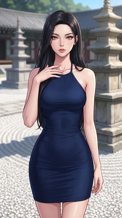 score_9, masterpiece, best quality, ultra-detailed, high-budget anime keyframe, tasteful artistic composition, Korean woman. close-up cowboy shot from the waist and thighs up, the character dominates the composition, filling the frame with her large 