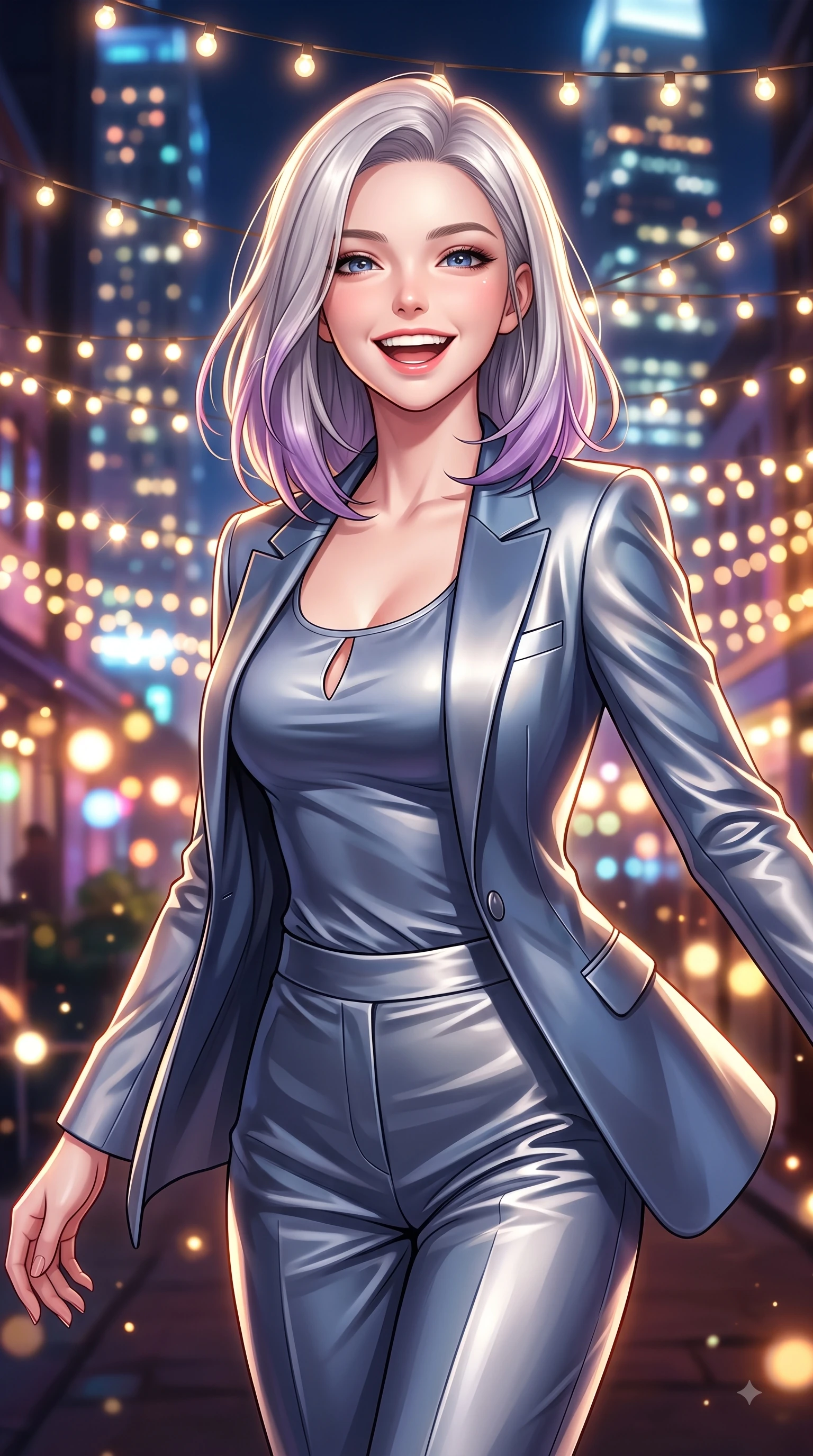score_9, masterpiece, best quality, ultra-detailed, high-budget anime keyframe, editorial fashion photography, tasteful artistic composition, Caucasian woman. close-up cowboy shot from the waist and thighs up, the character dominates the composition, filling the frame with her large presence, background elements kept in soft focus. Radiant bright smile with sparkling eyes directed right into the lens, her torso turning in a dynamic S-curve alignment while pivoting dynamically amidst string fairy lights with a laughing, delighted expression, glistening city lights and warm string fairy lamps creating rich ambient bokeh. She has an exceptionally elegant, slender, and willowy female figure with an ultra-slim waist, a gracefully sculpted slender torso, and a refined silhouette. sharp v-shaped jawline, high-bridge nose, intricate jewel-like eyes with depth, thick eyelashes, glossy lips with a natural sheen, flawlessly proportioned anatomical accuracy, natural body alignment, perfectly sculpted elegant limbs, clean dynamic posture without body distortion. wearing a tailored silk blazer over a form-contouring scoop-neck top and slacks in slate blue and metallic silver, crafted from lustrous satin jersey with fluid draping, accented with a Tasteful chest slit framing her clavicle gracefully, the form-contouring material highlighting her ultra-slim waist and long lines. illuminated by cheerful city skyline backlighting and vibrant rim lights. highly saturated vibrant anime colors, detailed shading with soft gradients, rich glossy textures, high-contrast stereoscopic depth, volumetric dynamic lighting, master piece, 9:16 ratio
