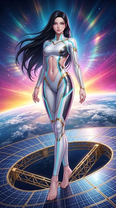 score_9, masterpiece, best quality, ultra-detailed, high-budget anime keyframe, semi-realistic 3D game render, editorial fashion photography, tasteful artistic composition, Korean woman. low angle full-body shot from head to toe showing her feet, fil