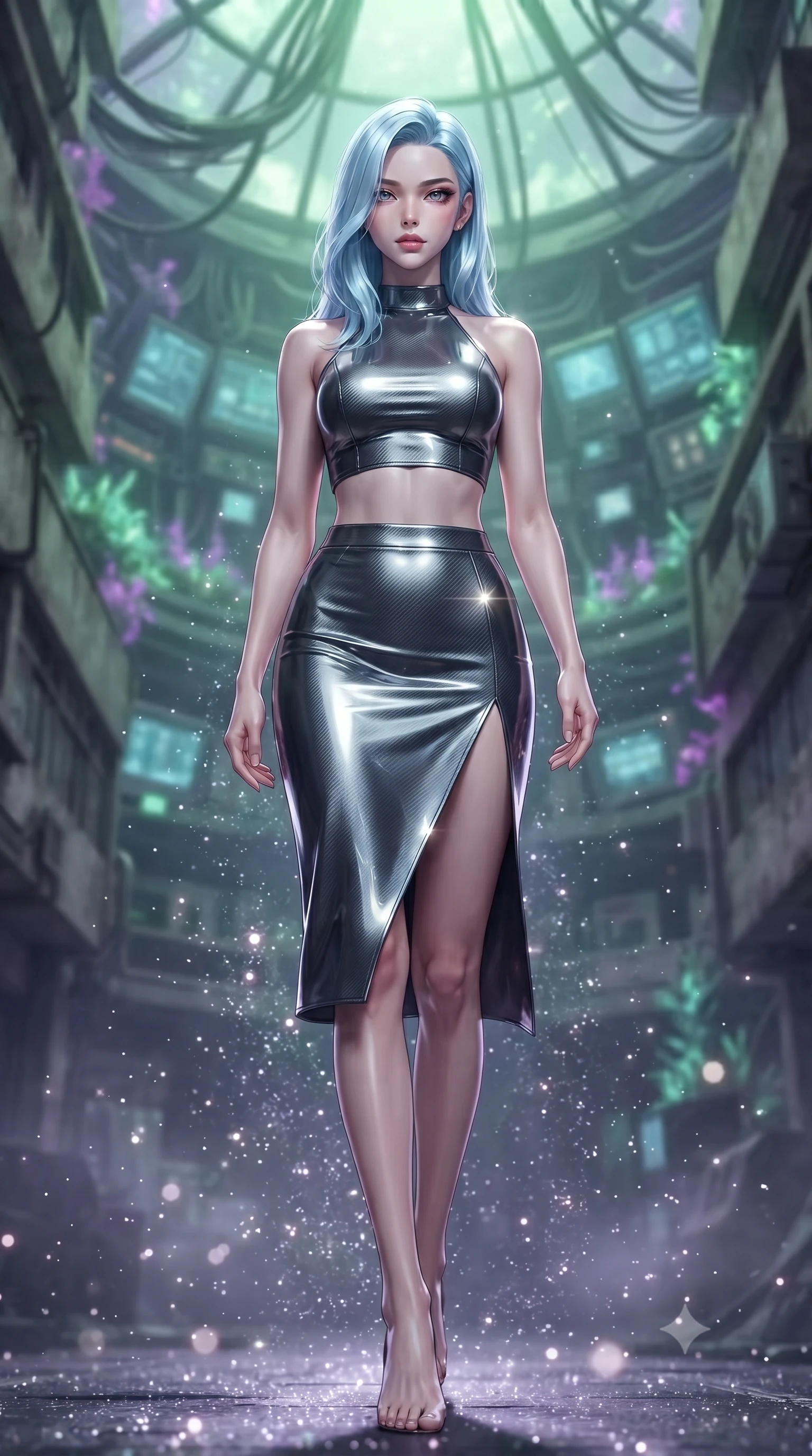 score_9, masterpiece, best quality, ultra-detailed, high-budget anime keyframe, editorial fashion photography, tasteful artistic composition, Korean woman. low angle full-body shot from head to toe showing her feet, filling the entire 9:16 vertical frame with her statuesque presence, stretching her vertical silhouette. stepping gracefully through floating stardust particles, her body-contouring suit showing her athletic, slender silhouette, the background shows a soft-focus a cybernetic library dome hidden between concrete tenements. She has an absolutely perfect, statuesque 8.5-heads proportion, an exceptionally tall and slender model-like female figure with impossibly long slender legs and an ultra-slim waist. sharp v-shaped jawline, high-bridge nose, intricate jewel-like eyes with depth, thick eyelashes, glossy lips with a natural sheen. wearing a slim-fit carbon-fiber halter-neck crop top paired with a matching high-slit midi skirt, revealing her slim waist. soft green and purple bioluminescent plant glow casting an organic, eerie wash. ultra-reflective glossy finish, specular highlights, metallic sheen, high-contrast stereoscopic depth, volumetric dynamic lighting, 2k, ultra detail, master piece, 9:16 ratio