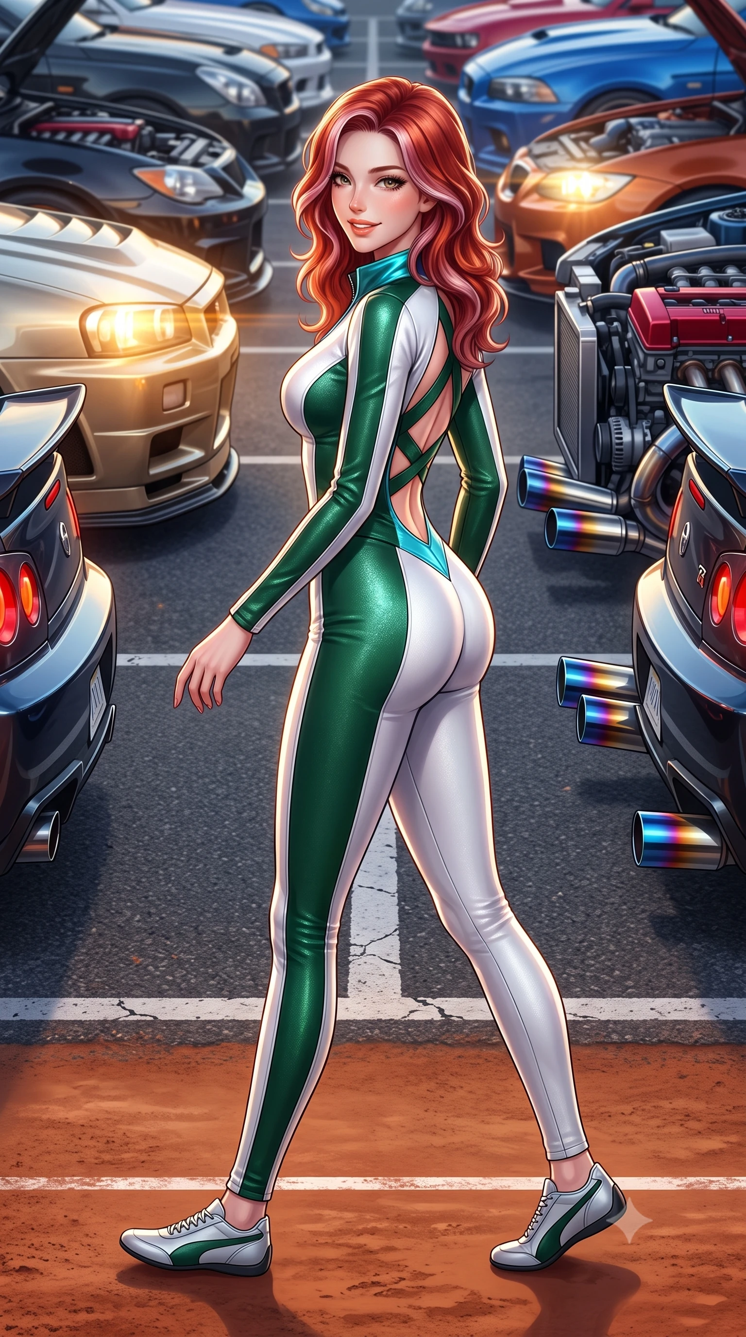 score_9, masterpiece, best quality, ultra-detailed, high-budget anime keyframe, semi-realistic 3D game render, editorial fashion photography, tasteful artistic composition, Caucasian woman. low angle full-body shot from head to toe showing her feet, filling the entire 9:16 vertical frame with her statuesque presence, stretching her vertical silhouette. walking slowly along the clay court baseline, looking back over her shoulder with an air of effortless grace and an alluring, smoldering smile while walking slowly down the row of roaring tuned engines with sovereign swagger, her long slender legs and hourglass curves commanding the car meet. The surrounding environment is rendered in vivid detail and crisp panoramic clarity: sharp titanium exhaust tip heat-burn discoloration, glossy car paint reflections, and asphalt parking bay line clarity in deep focus. She has an absolutely perfect, statuesque 8.5-heads proportion, an exceptionally tall and slender model-like female figure with impossibly long slender legs, an ultra-slim waist, a flat toned midriff, narrow delicate ribcage, and beautifully sculpted feminine hips creating a graceful, slim hourglass silhouette without any bulky heaviness. sharp v-shaped jawline, high-bridge nose, sparkling eyes with athletic focus and depth, thick curled eyelashes, glossy parted lips with a natural coral-peach sheen, bright confident and coquettish smile with alluring bedroom-eyes, exuding both youthful sporty vigor and sovereign high-society glamour, flawlessly proportioned anatomical accuracy, strict slender model proportions, natural body alignment, perfectly sculpted long slender limbs, ultra-slim waistline, clean dynamic posture without body distortion. wearing an ultra-tight form-contouring racing leather catsuit in two-tone white and British racing green with a deep-plunging zip neck in metallic liquid silver and electric cyan, woven from metallic lurex and technical nylon with subtle starlight glints, finished with criss-cross back athletic straps highlighting her graceful shoulder blades, the form-contouring athletic cut accentuating her sculpted flat midriff, narrow delicate ribcage, and gracefully curvy hips with supermodel precision. illuminated by high-beam headlight flares and sharp chrome rim lights sculpting her razor-sharp jawline, narrow waist, and curvy hips. highly saturated vibrant anime colors, detailed shading with soft gradients, rich glossy textures, high-contrast stereoscopic depth, volumetric dynamic lighting, master piece, 9:16 ratio