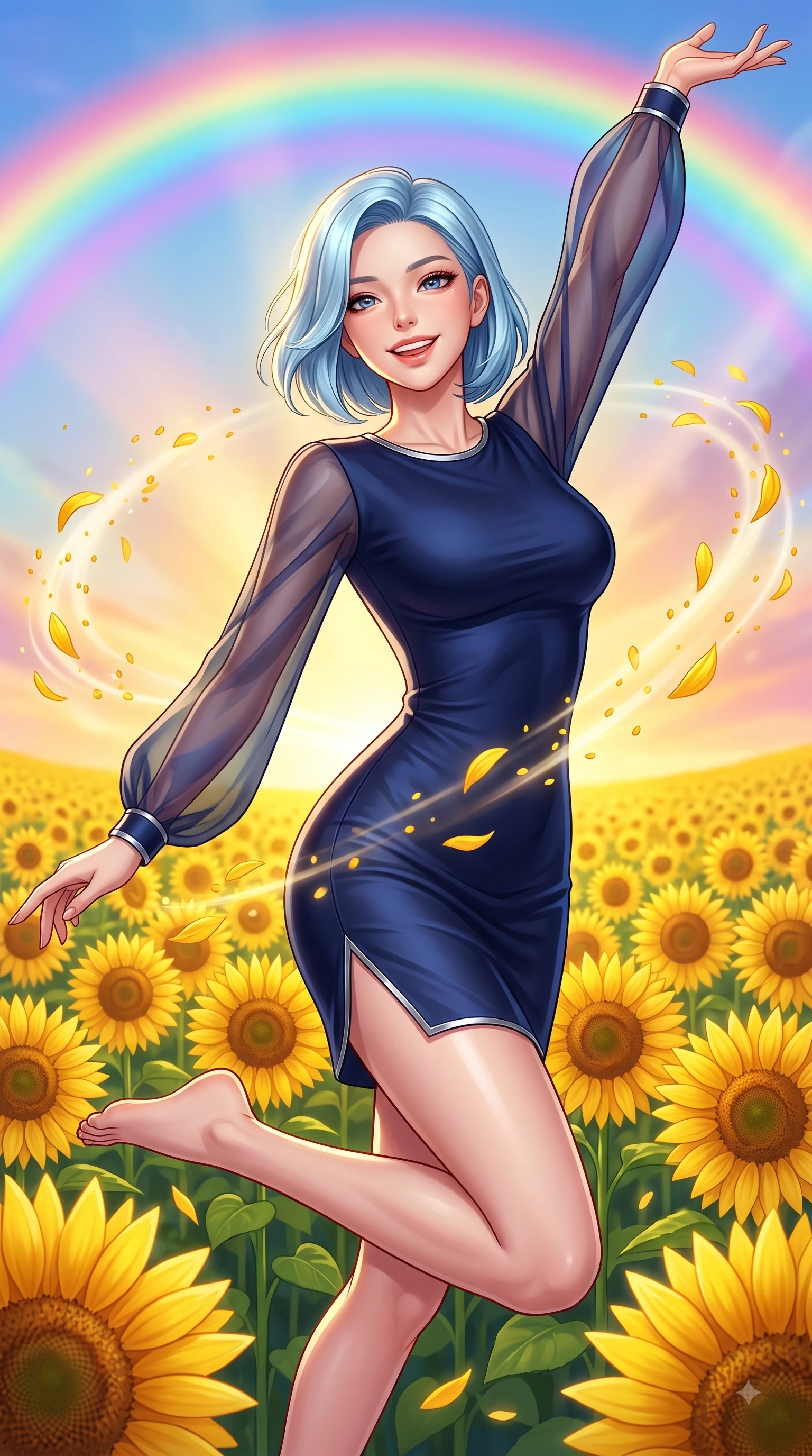 score_9, masterpiece, best quality, ultra-detailed, high-budget anime keyframe, editorial fashion photography, tasteful artistic composition, Korean woman. close-up cowboy shot from the waist and thighs up, the character dominates the composition, filling the frame with her large presence, background elements kept in soft focus. Extending one arm in an elegant stretch toward the sun while smiling with vibrant, magnetic self-assurance while leaping with pure joy across a endless field of blooming golden sunflowers under a rainbow sky, floating flower pollen and yellow petals drifting gracefully in dynamic orbital paths. She has an exceptionally elegant, slender, and willowy female figure with an ultra-slim waist, a gracefully sculpted slender torso, and a refined silhouette. sharp v-shaped jawline, high-bridge nose, intricate jewel-like eyes with depth, thick eyelashes, glossy lips with a natural sheen, flawlessly proportioned anatomical accuracy, natural body alignment, perfectly sculpted elegant limbs, clean dynamic posture without body distortion. wearing a sleek bodycon knit dress with strategic sheer organza sleeve panels in midnight navy blue and chrome trim, crafted from smooth liquid silk, finished with a sleek side slit ascending to mid-thigh, the elegant draped fit framing her graceful clavicle and slender torso. surrounded by a vibrant, uplifting atmosphere filled with golden radiance. highly saturated vibrant anime colors, detailed shading with soft gradients, rich glossy textures, high-contrast stereoscopic depth, volumetric dynamic lighting, master piece, 9:16 ratio