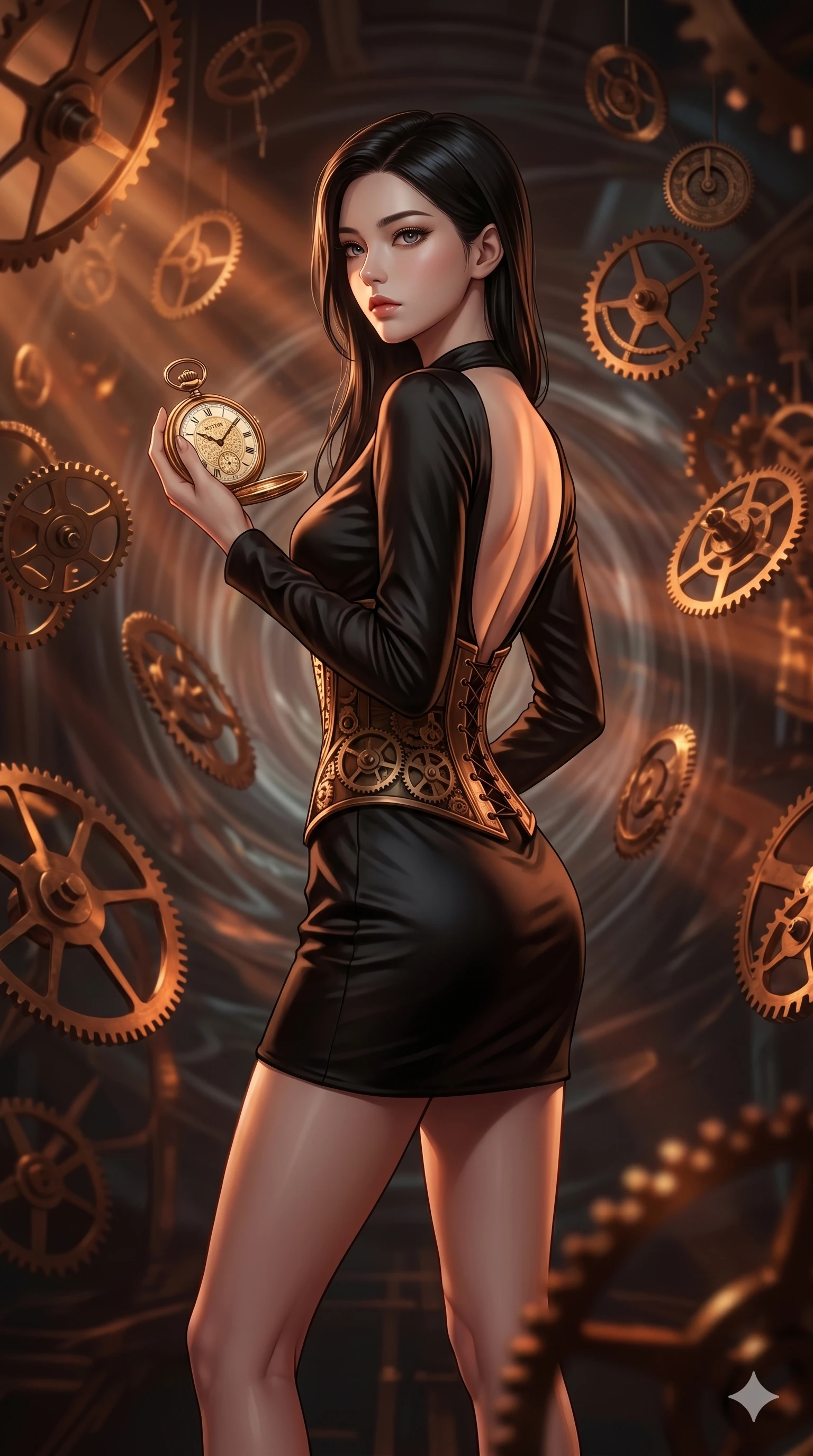 score_9, masterpiece, best quality, ultra-detailed, high-budget anime keyframe, editorial fashion photography, tasteful artistic composition, Korean woman. cowboy shot from the thighs up, character and outfit filling the frame for maximum editorial presence. holding a golden pocket watch, looking past the camera with a thoughtful, focused expression inside a temporal rift room with floating antique gears (Code-P16-144). She has an absolutely perfect 8-heads proportion, an exceptionally tall and slender female figure with impossibly long slender legs and an ultra-slim waist. V-shaped jawline, high-bridge nose, intricate jewel-like eyes with depth, thick eyelashes, glossy lips with a natural sheen. wearing a structured bronze gear corset over a black silk dress with a scooped open back. amber and copper light rays refracting through the gears, creating deep dramatic shadows. 2k, ultra detail, master piece, 9:16 ratio