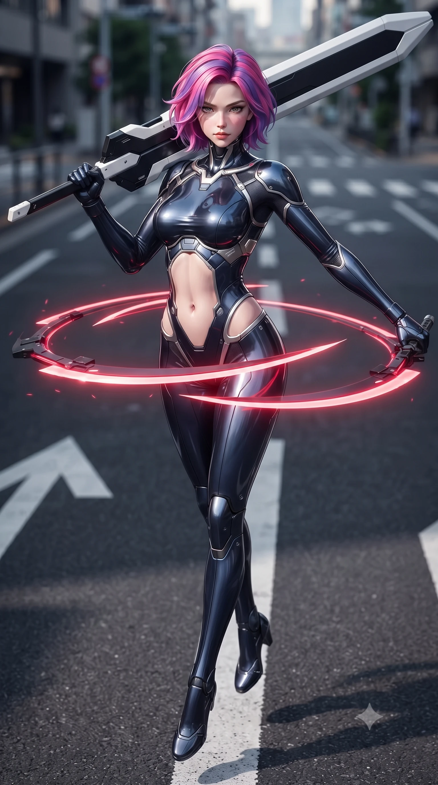 score_9, masterpiece, best quality, ultra-detailed, high-budget anime keyframe, editorial fashion photography, tasteful artistic composition, Caucasian woman. low angle full-body shot from head to toe showing her feet, filling the entire 9:16 vertical frame with her statuesque presence, stretching her vertical silhouette. performing an alluring mid-air combat landing with flawless poise, looking directly into the camera with regal, deadly intensity while spinning gracefully in a high-speed combat turn as twin blade energy trails create glowing light rings around her waist. The surrounding environment is rendered in vivid detail and crisp panoramic clarity. razor-sharp glowing crimson blade edges, detailed carbon-weave armor textures, and asphalt markings in deep focus. She has an absolutely perfect, statuesque 8.5-heads proportion, an exceptionally tall and slender model-like female figure with impossibly long slender legs, a toned flat midriff, and an ultra-slim waist. sharp v-shaped jawline, high-bridge nose, intricate jewel-like eyes with depth, thick eyelashes, glossy lips with a natural sheen, flawlessly proportioned anatomical accuracy, strict slender model proportions, natural body alignment, perfectly sculpted long slender limbs, ultra-slim waistline, clean dynamic posture without body distortion. wearing a statuesque midnight cobalt carbon-fiber armor-suit with platinum trim and an ultra-slim waistline, resting a massive sleek high-frequency anti-material greatsword across her shoulder in monochrome white enamel carbon with high-contrast black panels, tailored from flexible second-skin carbon-mesh that clings flawlessly to her athletic curves, accented with glowing fiber-optic conduits tracing her collarbones and hip curves, the precision-cut daring openings accentuating her delicate midriff, graceful bare collarbones, and ultra-slim feminine waistline. surrounded by a fast, fierce, and intoxicatingly seductive cyber-assassin muse aura. ultra-reflective glossy finish, specular highlights, dark metallic sheen, high-contrast stereoscopic depth, volumetric dynamic lighting, 2k, ultra detail, master piece, 9:16 ratio