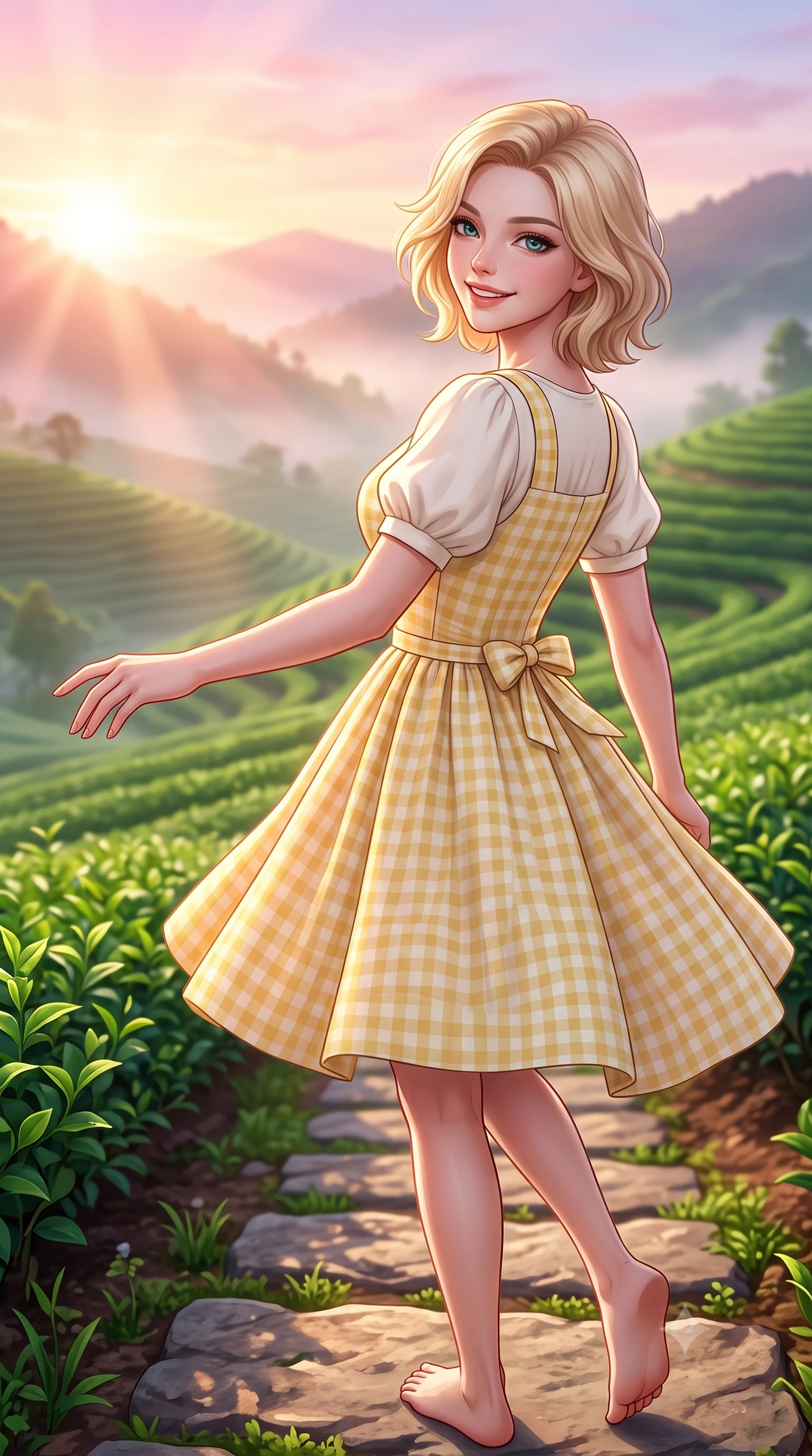 score_9, masterpiece, best quality, ultra-detailed, high-budget anime keyframe, semi-realistic 3D game render, editorial fashion photography, tasteful artistic composition, Caucasian woman. close-up cowboy shot from the waist and thighs up, the character dominates the composition, filling the frame with her large presence. extending one arm gracefully toward the scenery while turning back with an infectious, heartwarming smile while pivoting dynamically on a stone garden step as the first rays of morning sun break over the emerald tea terraces. The surrounding environment is rendered in vivid detail and crisp panoramic clarity. crisp morning chiaroscuro and tranquil hillside plantation geometry captured with environmental elegance. She has an exceptionally elegant, slender, and willowy female figure with an ultra-slim waist, a gracefully sculpted slender torso, toned flat midriff, and a refined slim silhouette. sharp v-shaped jawline, high-bridge nose, intricate jewel-like eyes with depth, thick eyelashes, glossy lips with a natural sheen, pure and lovely fresh girlhood expression, flawlessly proportioned anatomical accuracy, strict slender model proportions, natural body alignment, perfectly sculpted long slender limbs, ultra-slim waistline, clean dynamic posture without body distortion. wearing a charming pastel gingham pinafore dress layered over a soft white puff-sleeve blouse in fresh buttercup yellow and clean cream white, tailored from crisp organic cotton poplin, accented with a dainty ribbon bow at the waistline, the soft airy drape swaying gracefully with her dynamic movements, emphasizing her tall willowy build and slim waistline. bathed in soft pastel pink and golden dawn sunrise light breaking through rolling morning mist. highly saturated vibrant anime colors, detailed shading with soft gradients, rich glossy textures, high-contrast stereoscopic depth, volumetric dynamic lighting, master piece, 9:16 ratio