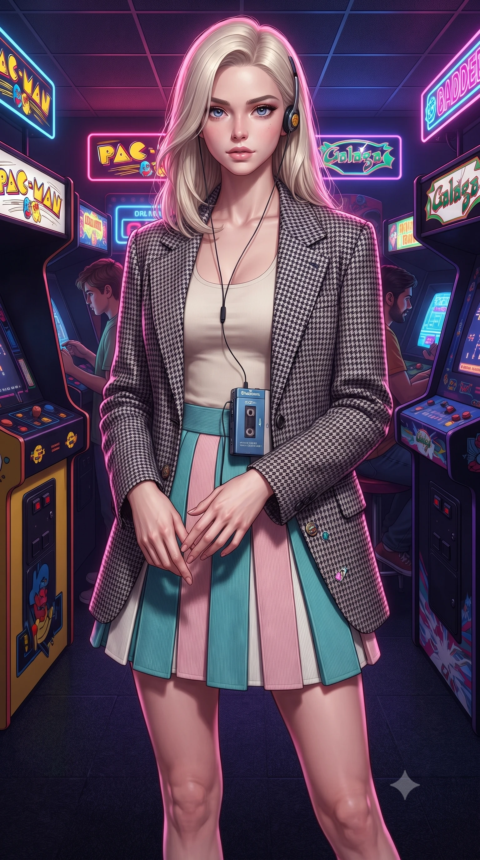 score_9, masterpiece, best quality, ultra-detailed, high-budget anime keyframe, editorial fashion photography, tasteful artistic composition, Caucasian woman. close-up cowboy shot from the waist and thighs up, the character dominates the composition, filling the frame with her large presence. holding her hands loosely in front with regal, aristocratic poise, radiating an overwhelming high-society aura while standing in a buzzing 1980s neon arcade game center, wearing retro on-ear foam headphones plugged into a vintage cassette Walkman. The surrounding environment is rendered in vivid detail and crisp panoramic clarity. vivid high-energy retro gaming chiaroscuro and authentic 80s arcade culture aesthetics rendered with precision. She has an exceptionally elegant, slender, and willowy female figure with an ultra-slim waist, a gracefully sculpted slender torso, toned flat midriff, and a refined slim silhouette. sharp v-shaped jawline, high-bridge nose, intricate jewel-like eyes with depth, thick eyelashes, glossy lips with a natural sheen, captivating and magnetic expression, flawlessly proportioned anatomical accuracy, strict slender model proportions, natural body alignment, perfectly sculpted long slender limbs, ultra-slim waistline, clean dynamic posture without body distortion. wearing a tailored 90s houndstooth oversized blazer over a simple scoop-neck top and a high-waisted pleated wool mini-skirt in retro turquoise, baby pink, and white, tailored from soft fine-wale corduroy with rich velvety texture, finished with retro enamel varsity pins and classic leather loafers, the liquid-tight tailored fabric emphasizing every curve of her tall, slender model proportions and sculptured silhouette during dynamic movement. surrounded by a playful, energetic, and delightfully charming 80s arcade sweetheart aura. ultra-reflective glossy finish, specular highlights, rich textural contrasts, high-contrast stereoscopic depth, volumetric dynamic lighting, 2k, ultra detail, master piece, 9:16 ratio