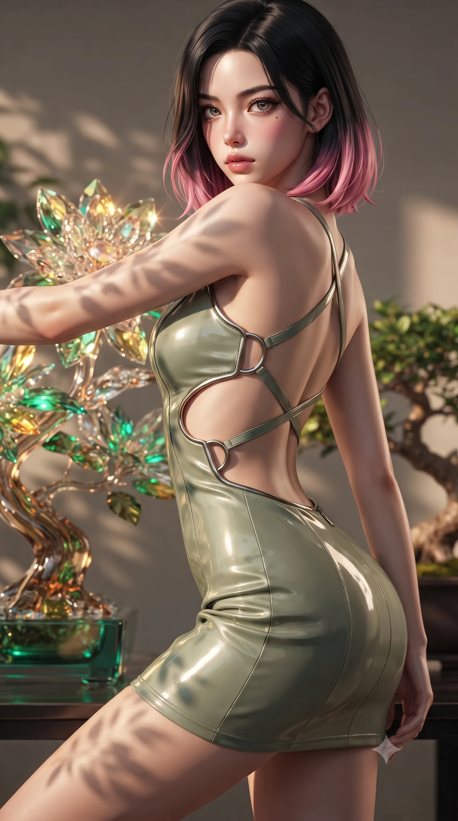 score_9, masterpiece, best quality, ultra-detailed, high-budget anime keyframe, editorial fashion photography, tasteful artistic composition, Korean woman. close-up cowboy shot from the waist and thighs up, the character dominates the composition, filling the frame with her large presence, background elements kept in soft focus. Gazing past the lens with composed intensity as her torso curves dynamically in mid-motion while pivoting dynamically near a solar-powered crystal blossom emitting warm ambient sunbursts, translucent glass bonsai leaves reflecting vibrant emerald and gold sunbursts. She has an exceptionally elegant, slender, and willowy female figure with an ultra-slim waist, a gracefully sculpted slender torso, and a refined silhouette. sharp v-shaped jawline, high-bridge nose, intricate jewel-like eyes with depth, thick eyelashes, glossy lips with a natural sheen, flawlessly proportioned anatomical accuracy, natural body alignment, perfectly sculpted elegant limbs, clean dynamic posture without body distortion. wearing a dramatic open-waist cutout mini dress framed by sculptural hardware in sage green and oatmeal, tailored from high-gloss patent leather, complemented by criss-cross back straps highlighting her bare shoulders, the sleek second-skin texture accentuating her magnetic presence. illuminated by brilliant sunbeams casting organic leaf stencil shadows. ultra-reflective glossy finish, specular highlights, metallic sheen, high-contrast stereoscopic depth, volumetric dynamic lighting, 2k, ultra detail, master piece, 9:16 ratio