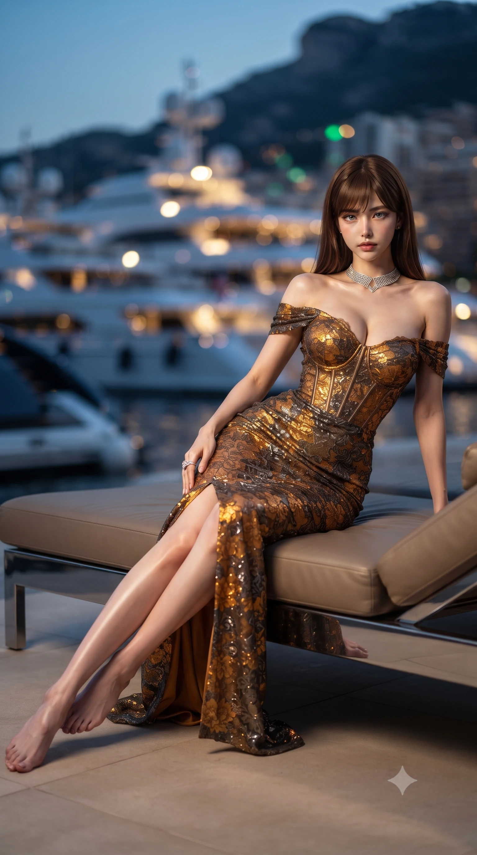 score_9, masterpiece, best quality, ultra-detailed, high-budget anime keyframe, editorial fashion photography, tasteful artistic composition, Korean woman. low angle full-body shot from head to toe showing her feet, filling the entire 9:16 vertical frame with her statuesque presence, stretching her vertical silhouette. striding forward in a proud supermodel runway stride, hips swaying in an alluring kinetic rhythm that accentuates her curvy hourglass silhouette while lounging languidly across an outdoor leather yacht lounger, one leg extended and torso propped on one elbow to accentuate her sweeping hip line. The composition keeps background elements in soft focus with creamy bokeh. glittering Monaco harbor superyacht lights and casino chandeliers blurred into champagne-gold, emerald, and sapphire bokeh. She has an absolutely perfect, statuesque 8.5-heads proportion, an exceptionally tall and slender model-like female figure with impossibly long slender legs, a toned flat midriff, an ultra-slim waist, and beautifully sculpted feminine hips. sharp v-shaped jawline, high-bridge nose, intricate jewel-like eyes with depth, thick eyelashes, glossy parted lips with a natural sheen, intensely captivating and seductive bedroom-eyes expression, flawlessly proportioned anatomical accuracy, strict slender model proportions, natural body alignment, perfectly sculpted long slender limbs, ultra-slim waistline, clean dynamic posture without body distortion. wearing a statuesque off-shoulder evening dress with a boned corset bodice and bodycon silhouette in molten amber-gold and dark gunmetal, formed from shimmering floral lace over smooth opaque silk lining, complemented by a bold geometric diamond choker and glittering cocktail ring, the dramatically scooped open back descending to the base of her spine, accentuating her razor-sharp statuesque lines and curvy hourglass silhouette. bathed in opulent golden casino chandelier light and cool Mediterranean twilight ambient fill. ultra-reflective glossy finish, specular highlights, rich textural contrasts, high-contrast stereoscopic depth, volumetric dynamic lighting, 2k, ultra detail, master piece, 9:16 ratio