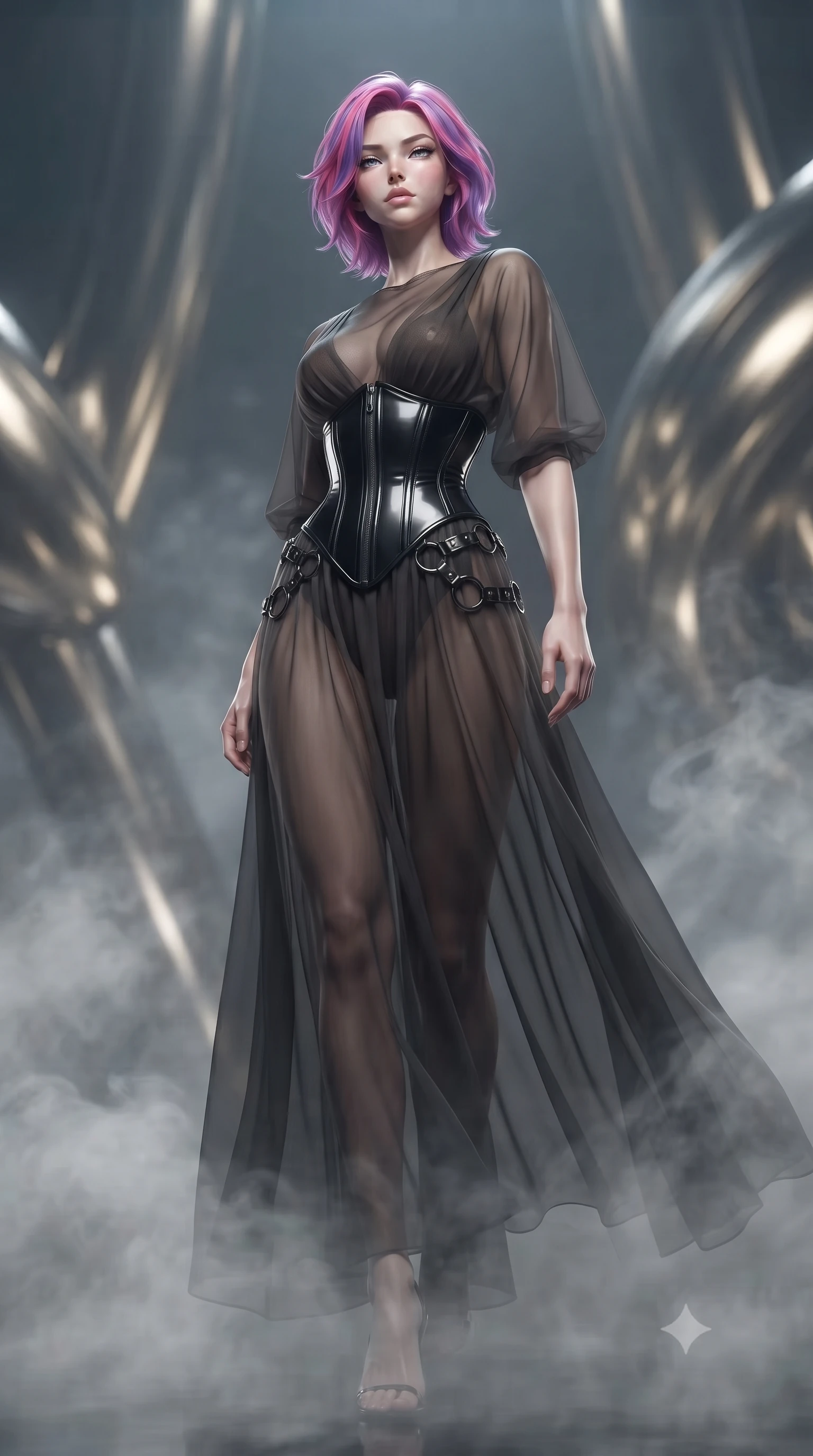 score_9, masterpiece, best quality, ultra-detailed, high-budget anime keyframe, editorial fashion photography, tasteful artistic composition, Caucasian woman. low angle full-body shot from head to toe showing her feet, filling the entire 9:16 vertical frame with her statuesque presence, stretching her vertical silhouette. forging confidently through the floating mist, holding a poised statuesque stance, glancing at the viewer with an air of effortless superiority and allure, sculpted athletic silhouette emphasized by precision form-fitting cuts. She has an absolutely perfect, statuesque 8.5-heads proportion, an exceptionally tall and slender model-like female figure with impossibly long slender legs and an ultra-slim waist. sharp v-shaped jawline, high-bridge nose, intricate jewel-like eyes with depth, thick eyelashes, glossy lips with a natural sheen. wearing semi-opaque sheer dark chiffon gown revealing structured corset silhouette in champagne gold, made of polished black leather, trimmed with dark chrome ring hardware along the waist contours, the fitted fabric emphasizing her ultra-slim waist. surrounded by a high-gloss metallic sheen with crisp rim lighting. ultra-reflective glossy finish, specular highlights, metallic sheen, high-contrast stereoscopic depth, volumetric dynamic lighting, 2k, ultra detail, master piece, 9:16 ratio