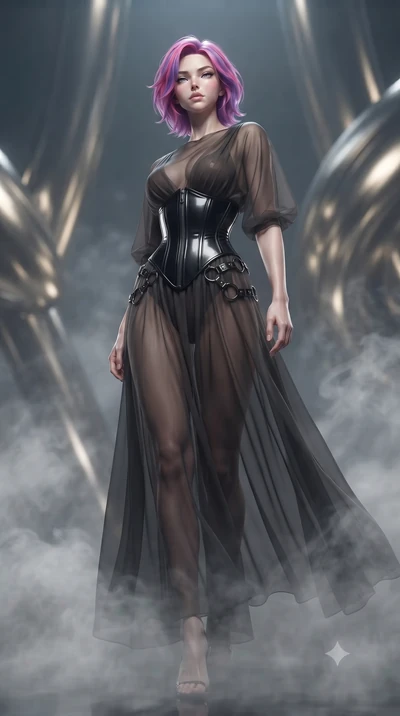 score_9, masterpiece, best quality, ultra-detailed, high-budget anime keyframe, editorial fashion photography, tasteful artistic composition, Caucasian woman. low angle full-body shot from head to toe showing her feet, filling the entire 9:16 vertica