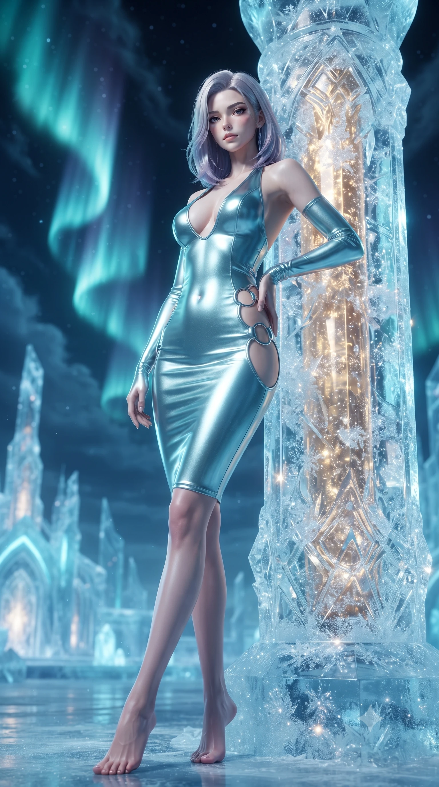 score_9, masterpiece, best quality, ultra-detailed, high-budget anime keyframe, editorial fashion photography, tasteful artistic composition, Caucasian woman. low angle full-body shot from head to toe showing her feet, filling the entire 9:16 vertical frame with her statuesque presence, stretching her vertical silhouette. navigating the luminous space with effortless poise, displaying her perfect model proportions resting against a carved ice pillar as crystalline frost sparkles around her, dramatic polar aurora ribbons swirling across the dark night sky above. She has an absolutely perfect, statuesque 8.5-heads proportion, an exceptionally tall and slender model-like female figure with impossibly long slender legs and an ultra-slim waist. sharp v-shaped jawline, high-bridge nose, intricate jewel-like eyes with depth, thick eyelashes, glossy lips with a natural sheen. wearing a deep-scoop halter neck bodycon dress with daring hip cutouts connected by silver rings, the glove-like fit emphasizing her statuesque silhouette. lit by a dramatic clash of icy cyan neon and warm golden internal core light. ultra-reflective glossy finish, specular highlights, metallic sheen, high-contrast stereoscopic depth, volumetric dynamic lighting, 2k, ultra detail, master piece, 9:16 ratio