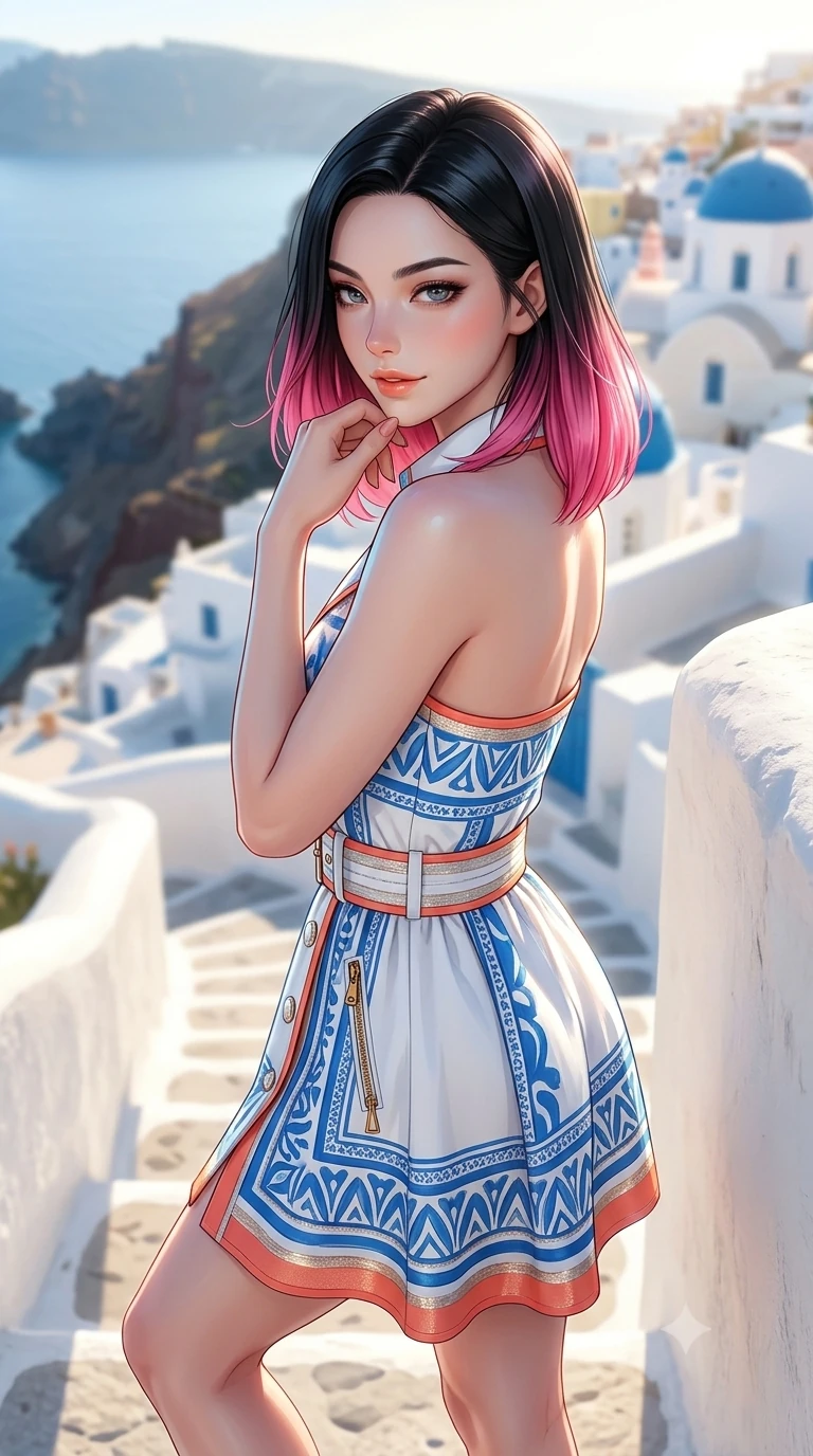 score_9, masterpiece, best quality, ultra-detailed, high-budget anime keyframe, semi-realistic 3D game render, editorial fashion photography, tasteful artistic composition, Korean woman. close-up cowboy shot from the waist and thighs up, the character dominates the composition, filling the frame with her large presence. resting one elbow on the yacht railing and supporting her chin, leaning close to the camera with heavy-lidded sparkling eyes and parted lips while stepping down the winding white stone stairway with feline grace, looking back over a bare shoulder with an irresistible smoldering bedroom-gaze. The background shows a soft-focus romantic Greek island village softened in clifftop terrace shallow focus. She has an exceptionally elegant, slender, and willowy female figure with an ultra-slim waist, flat toned midriff, narrow ribcage, and sculpted feminine hips creating an alluring, slim hourglass silhouette without bulk. sharp v-shaped jawline, high-bridge nose, sparkling eyes with hypnotic seductive depth, thick curled eyelashes, glossy parted lips with a natural dewy peach sheen, alluring bedroom-eyes with an enchanting coquettish smile, exuding magnetic siren charisma and sophisticated glamour, flawlessly proportioned anatomical accuracy, strict slender model proportions, natural body alignment, perfectly sculpted long slender limbs, ultra-slim waistline, clean dynamic posture without body distortion. wearing a tailored white cotton poplin resort trench dress with structured waist belt and mother-of-pearl buttons in Mediterranean cerulean blue and optic white with coral trims, crafted from luxurious metallic lamé that shifts radiance with every step, finished with sleek heavy-duty brass anchor zip pulls and nautical hardware, the bespoke structured tailoring following the natural line of her 8.5-heads silhouette with refined elegance. illuminated by blinding white plaster ground bounce and sharp azure-rose rim lights sculpting her razor-sharp jawline, narrow waist, and curvy hips. highly saturated vibrant anime colors, detailed shading with soft gradients, rich glossy textures, high-contrast stereoscopic depth, volumetric dynamic lighting, master piece, 9:16 ratio