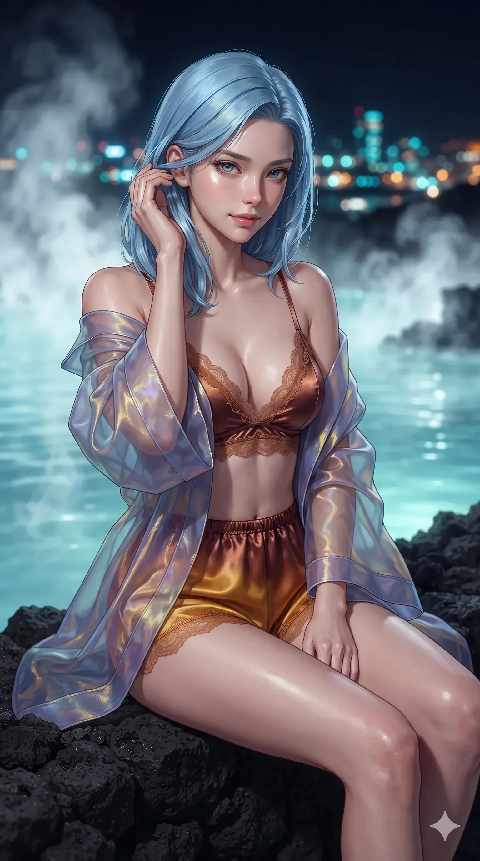 score_9, masterpiece, best quality, ultra-detailed, high-budget anime keyframe, editorial fashion photography, tasteful artistic composition, Korean woman. close-up cowboy shot from the waist and thighs up, the character dominates the composition, filling the frame with her large presence. gently brushing a lock of hair behind her ear while casting a playful, flirtatious side-gaze with long eyelashes while sitting on the black basalt rock rim of the steaming geothermal lagoon, water droplets beading on her flat midriff and curvy hips as steam rises into the night air. The background shows a soft-focus swirling white geothermal steam plumes, glowing turquoise thermal water, and distant illuminated skyscrapers blurred into turquoise, amber, and midnight obsidian bokeh. She has an exceptionally elegant, slender, and willowy female figure with an ultra-slim waist, flat toned midriff, narrow ribcage, and sculpted feminine hips creating an alluring, slim hourglass silhouette without bulk. sharp v-shaped jawline, high-bridge nose, intricate jewel-like sparkling eyes with depth, thick eyelashes, glossy parted lips with a natural sheen, intensely captivating and seductive bedroom-eyes expression, exuding both youthful cute charm and sovereign luxury allure, flawlessly proportioned anatomical accuracy, strict slender model proportions, natural body alignment, perfectly sculpted long slender limbs, ultra-slim waistline, clean dynamic posture without body distortion. wearing a translucent iridescent organza kimono robe slipping off bare shoulders over a matching satin micro-bralette and micro-shorts in rich copper bronze and warm amber, made of delicate semi-sheer French Chantilly lace with intricate eyelash edges, featuring an open-back criss-cross harness strap in dark leather, the high-slit wrap tailoring accentuating her ultra-slim waistline and the enchanting curve of her feminine hips with alluring seductive charm. bathed in the radiant underwater turquoise glow of the thermal pool mixed with ambient city neon from the surrounding skyline. ultra-reflective glossy finish, specular highlights, rich textural contrasts, high-contrast stereoscopic depth, volumetric dynamic lighting, 2k, ultra detail, master piece, 9:16 ratio
