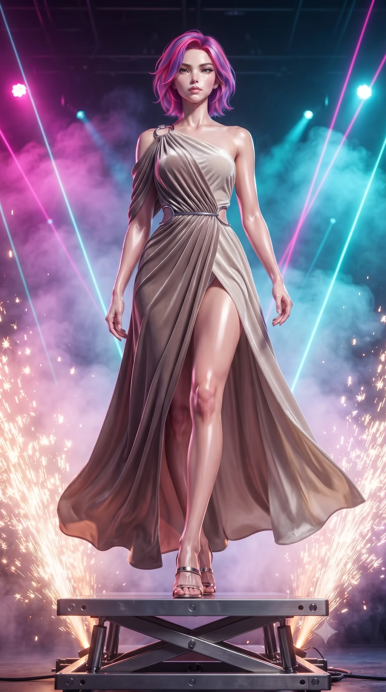 score_9, masterpiece, best quality, ultra-detailed, high-budget anime keyframe, editorial fashion photography, tasteful artistic composition, Caucasian woman. low angle full-body shot from head to toe showing her feet, filling the entire 9:16 vertical frame with her statuesque presence, stretching her vertical silhouette. stepping forward with proud posture, filling the vertical frame with her magnetic presence poised on a hydraulic lift platform surrounded by dazzling pyrotechnic sparks, intense volumetric laser beams cutting through stage fog in magenta and cyan. She has an absolutely perfect, statuesque 8.5-heads proportion, an exceptionally tall and slender model-like female figure with impossibly long slender legs and an ultra-slim waist. sharp v-shaped jawline, high-bridge nose, intricate jewel-like eyes with depth, thick eyelashes, glossy lips with a natural sheen. wearing an asymmetrical Grecian draped chiffon gown with a metallic shoulder ring in muted taupe and soft ivory, made of premium stretch velvet with a rich sheen, accented with delicate chrome ring hardware framing her waist, the elegant draped fit framing her graceful clavicle and slender torso. surrounded by an electric, high-energy performer aura. ultra-reflective glossy finish, specular highlights, metallic sheen, high-contrast stereoscopic depth, volumetric dynamic lighting, 2k, ultra detail, master piece, 9:16 ratio