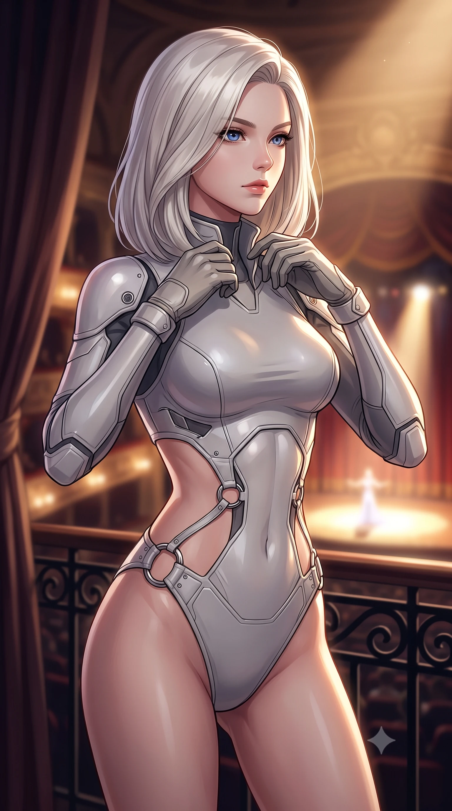 score_9, masterpiece, best quality, ultra-detailed, high-budget anime keyframe, editorial fashion photography, tasteful artistic composition, Caucasian woman. close-up cowboy shot from the waist and thighs up, the character dominates the composition, filling the frame with her large presence, background elements kept in soft focus. adjusting the high collar of her body-hugging suit, looking past the camera with quiet, sharp focus and a composed expression, the background shows a soft-focus a private balcony alcove of a grand theater overlooking the stage. She has an exceptionally elegant, slender, and willowy female figure with an ultra-slim waist, a gracefully sculpted slender torso, and a refined silhouette. sharp v-shaped jawline, high-bridge nose, intricate jewel-like eyes with depth, thick eyelashes, glossy lips with a natural sheen. wearing a tailored light carbon-plate combat bodysuit featuring dramatic geometric open-waist cutouts framed by chrome ring hardware. single warm spotlight from the stage tracing her posture and silhouette. highly saturated vibrant anime colors, detailed shading with soft gradients, rich glossy textures, high-contrast stereoscopic depth, volumetric dynamic lighting, master piece, 9:16 ratio