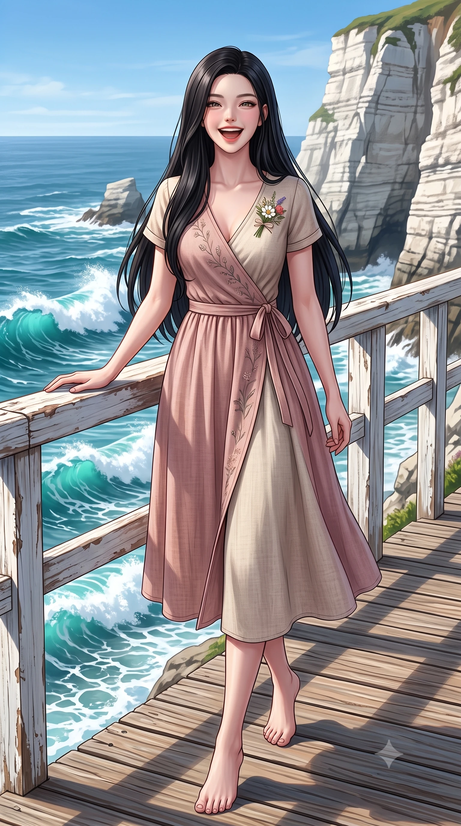 score_9, masterpiece, best quality, ultra-detailed, high-budget anime keyframe, semi-realistic 3D game render, editorial fashion photography, tasteful artistic composition, Korean woman. low angle full-body shot from head to toe showing her feet, filling the entire 9:16 vertical frame with her statuesque presence, stretching her vertical silhouette. stepping forward gracefully in mid-motion with a delighted cute laugh, displaying her tall slender model proportions while leaning against a rustic white wooden railing above crashing ocean waves, her smile as bright as the summer sun. The surrounding environment is rendered in vivid detail and crisp panoramic clarity. crisp turquoise seafoam crests, dramatic white cliff strata, and wooden coastal walkway planks in sharp focus. She has an absolutely perfect, statuesque 8.5-heads proportion, an exceptionally tall and slender model-like female figure with impossibly long slender legs, a toned flat midriff, and an ultra-slim waist. sharp v-shaped jawline, high-bridge nose, intricate jewel-like eyes with depth, thick eyelashes, glossy lips with a natural sheen, pure and lovely fresh girlhood expression, flawlessly proportioned anatomical accuracy, strict slender model proportions, natural body alignment, perfectly sculpted long slender limbs, ultra-slim waistline, clean dynamic posture without body distortion. wearing a romantic wrap-style linen sundress with subtle botanical embroidery and a dainty waist tie in soft dusty rose and oatmeal beige, made of comfortable premium stretch denim and airy cotton-jersey, complemented by a delicate wildflower corsage pinned to the lapel, the relaxed yet flattering fit accentuating her naturally graceful and slender figure, highlighting her youthful charm and lovely silhouette. illuminated by crisp directional daylight defining her flawless features and slender silhouette. highly saturated vibrant anime colors, detailed shading with soft gradients, rich glossy textures, high-contrast stereoscopic depth, volumetric dynamic lighting, master piece, 9:16 ratio