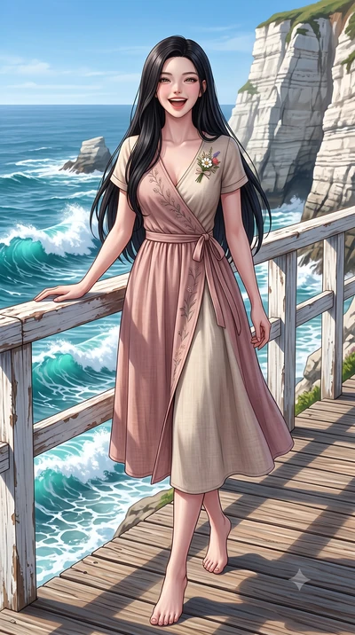 score_9, masterpiece, best quality, ultra-detailed, high-budget anime keyframe, semi-realistic 3D game render, editorial fashion photography, tasteful artistic composition, Korean woman. low angle full-body shot from head to toe showing her feet, fil
