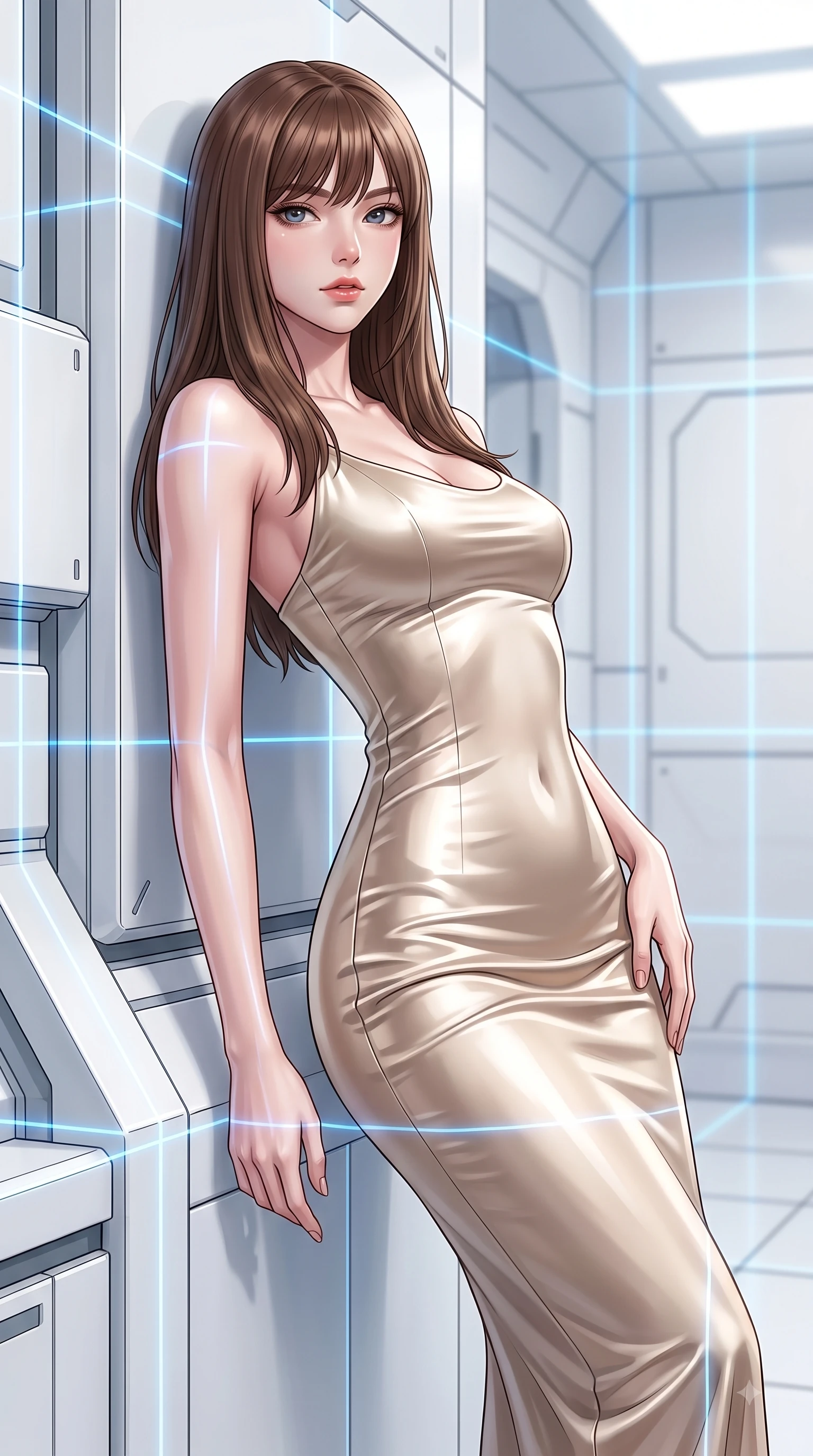 score_9, masterpiece, best quality, ultra-detailed, high-budget anime keyframe, editorial fashion photography, tasteful artistic composition, Korean woman woman. close-up cowboy shot from the waist and thighs up, the character dominates the composition, filling the frame with her large presence, background elements kept in soft focus. She has an exceptionally elegant, slender, and willowy female figure with an ultra-slim waist, a gracefully sculpted slender torso, and a refined silhouette. leaning back effortlessly against the surrounding architecture with an air of magnetic superiority, flawlessly proportioned anatomical accuracy, natural body alignment, perfectly sculpted elegant limbs, clean dynamic posture without body distortion. set against a soft-focus background of a high-tech cleanroom with white composite walls and laser grids. wearing a sculpted champagne satin bodycon gown following her slender silhouette like liquid metal. bathed in crisp high-key white ambient light with focused blue laser gridlines. highly saturated vibrant anime colors, detailed shading with soft gradients, rich glossy textures, high-contrast stereoscopic depth, volumetric dynamic lighting, master piece, 9:16 ratio
