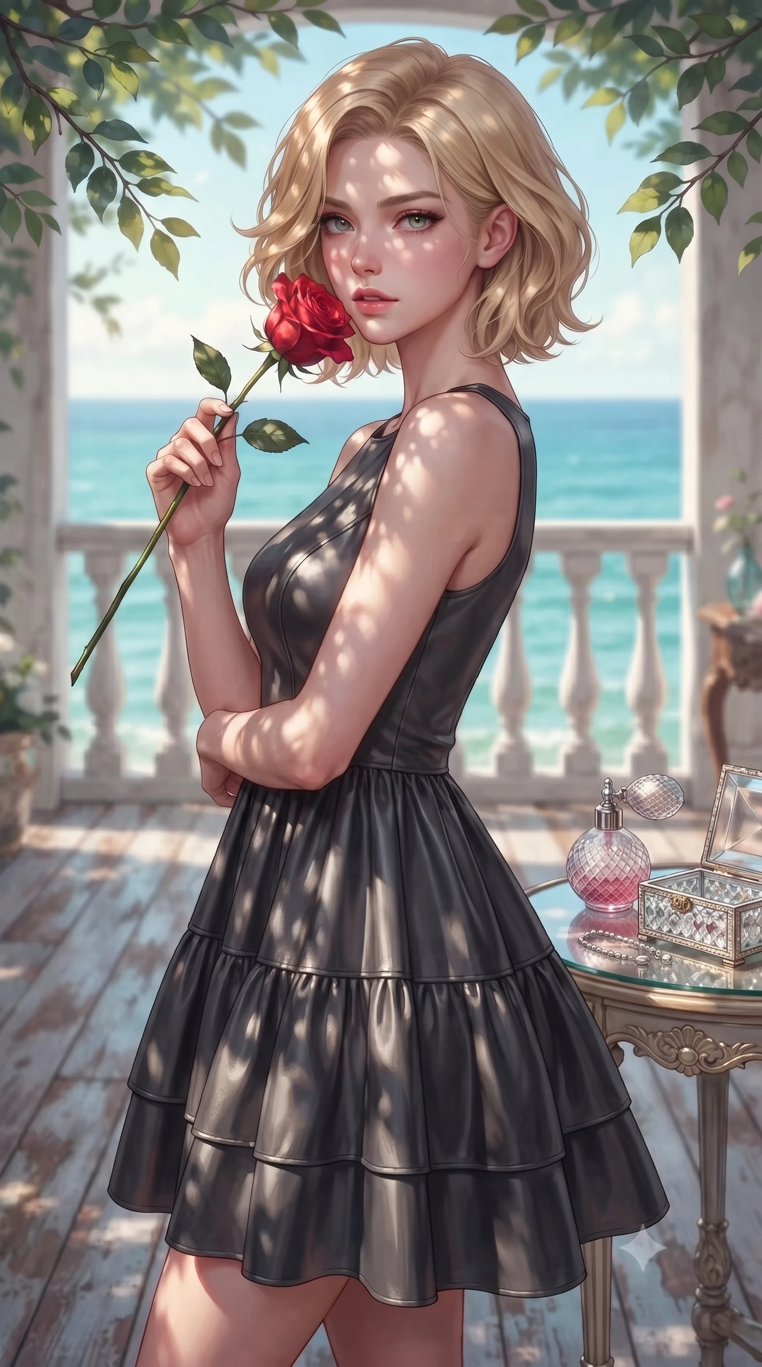 score_9, masterpiece, best quality, ultra-detailed, high-budget anime keyframe, editorial fashion photography, tasteful artistic composition, Caucasian woman. close-up cowboy shot from the waist and thighs up, the character dominates the composition, filling the frame with her large presence, background elements kept in soft focus. gasping softly with a charming expression, holding a rose stem near her cheek with a magnetic stare set against a soft-focus background of inside an exclusive coastal veranda with a vintage perfume atomizer and crystal jewelry box reflecting soft light. She has an exceptionally elegant, slender, and willowy female figure with an ultra-slim waist, a gracefully sculpted slender torso, and a refined silhouette. sharp v-shaped jawline, high-bridge nose, intricate jewel-like eyes with depth, thick eyelashes, glossy lips with a natural sheen. wearing tailored charcoal glossy leather flowy linen sundress with a comfortable tiered skirt silhouette featuring refined tailored seams. highlighted by dappled sunlight filtering through leafy branches, creating soft organic patterns. highly saturated vibrant anime colors, detailed shading with soft gradients, rich glossy textures, high-contrast stereoscopic depth, volumetric dynamic lighting, master piece, 9:16 ratio