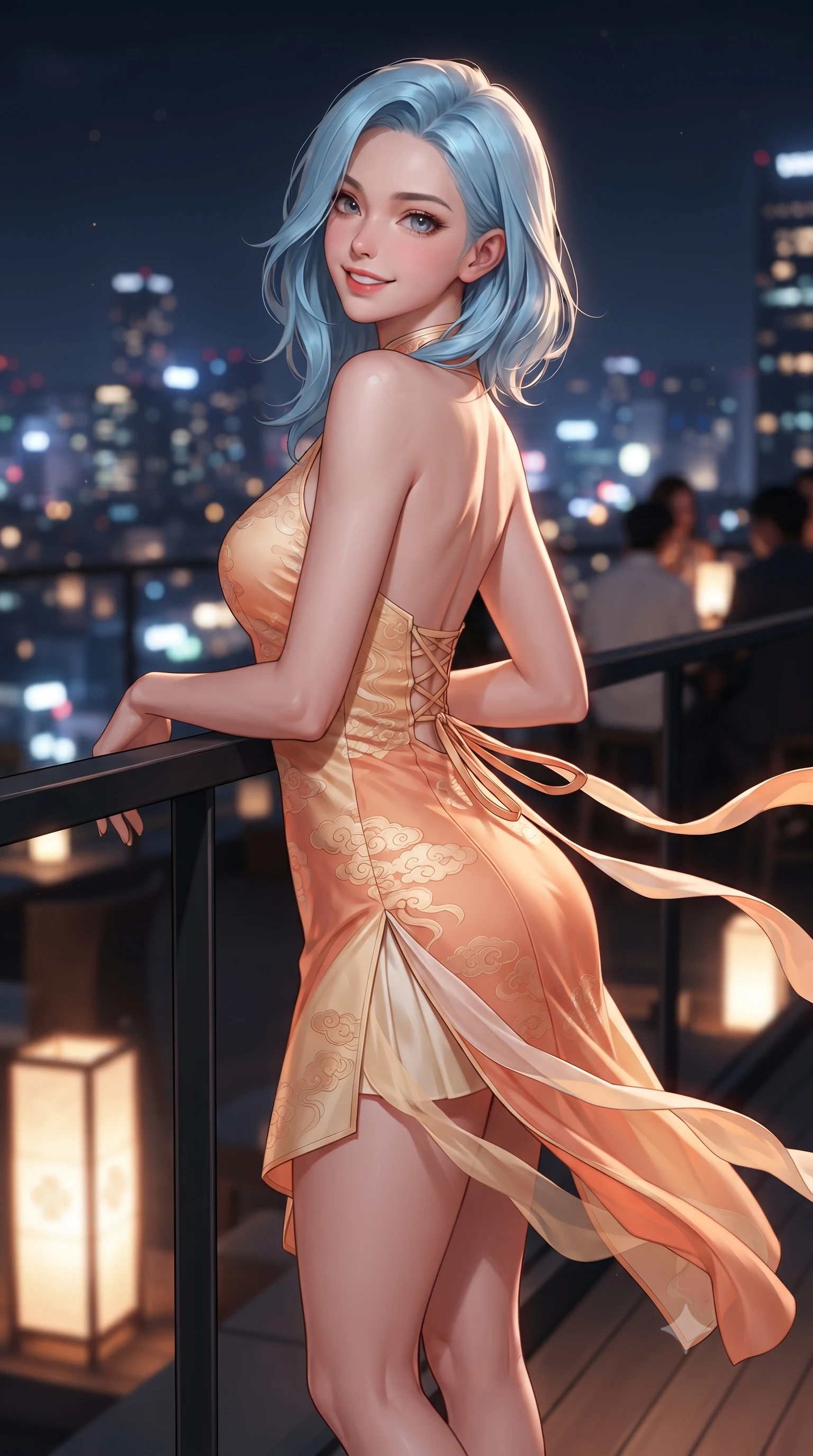 score_9, masterpiece, best quality, ultra-detailed, high-budget anime keyframe, editorial fashion photography, tasteful artistic composition, Korean woman. close-up cowboy shot from the waist and thighs up, the character dominates the composition, filling the frame with her large presence. resting both hands lightly behind her back while leaning toward the lens with a cheerful, teasing grin, her form-fitting fusion dress hugging her narrow waist and hip curve while leaning against the minimalist black steel balustrade with hips cocked back, casting an intoxicating bedroom-gaze over the illuminated Seoul metropolis. The background shows a soft-focus glowing hanji paper floor lanterns and chic rooftop cocktail patrons softened in trendy Seoul shallow focus. She has an exceptionally elegant, slender, and willowy female figure with an ultra-slim waist, flat toned midriff, narrow ribcage, and sculpted feminine hips creating an alluring, slim hourglass silhouette without bulk. sharp v-shaped jawline, high-bridge nose, intricate jewel-like dark sparkling almond eyes with depth, thick lashes, glossy parted lips with a natural rose-plum sheen, bright alluring and coquettish smile with bedroom-eyes, exuding both timeless oriental elegance and sovereign high-fashion allure, flawlessly proportioned anatomical accuracy, strict slender model proportions, natural body alignment, perfectly sculpted long slender limbs, ultra-slim waistline, clean dynamic posture without body distortion. wearing a backless lace-up silk sundress with traditional cloud embroidery and an ultra-fitted hip-hugging silhouette in warm peach apricot and soft vanilla silk, tailored from fine crisp cotton-linen with clean structural lines, accented with flowing gossamer silk ribbons that flutter dynamically in the evening breeze, the high-waisted wrap tailoring accentuating her ultra-slim waistline and the enchanting curve of her feminine hips with alluring oriental charm. illuminated by city skyline bokeh bounce and sharp champagne rim lighting sculpting her razor-sharp jawline, narrow waist, and curvy hips. ultra-reflective glossy finish, specular highlights, rich textural contrasts, high-contrast stereoscopic depth, volumetric dynamic lighting, 2k, ultra detail, master piece, 9:16 ratio