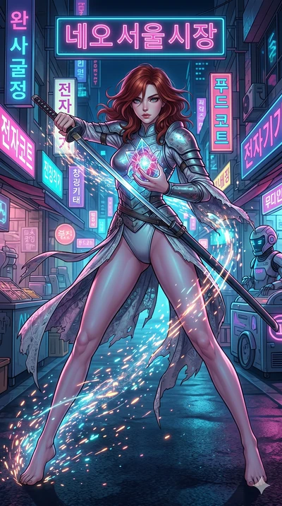 score_9, masterpiece, best quality, ultra-detailed, Set A: High-budget Anime Keyframe, Caucasian (strictly human ears) woman. Low angle cowboy shot filling the entire 9:16 frame with her statuesque presence. Drawing a blade through a neon-lit Neo-Seo