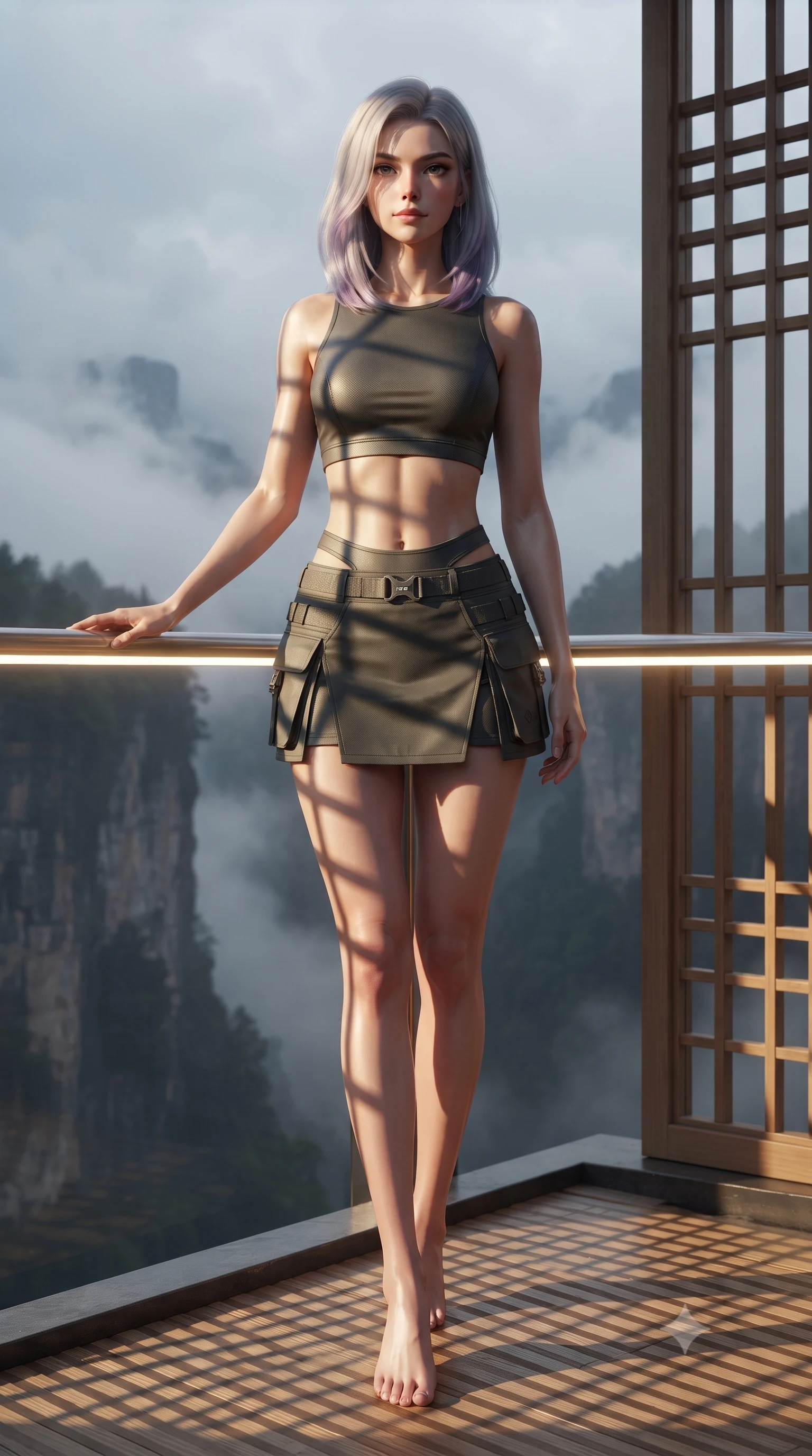 score_9, masterpiece, best quality, ultra-detailed, high-budget anime keyframe, editorial fashion photography, tasteful artistic composition, Caucasian woman. low angle full-body shot from head to toe showing her feet, filling the entire 9:16 vertical frame with her statuesque presence, stretching her vertical silhouette. standing in a tall, confident posture with one hand on a glowing metal railing, stretching her statuesque body, the background shows a soft-focus a private hinoki wood bath deck overlooking a mist-covered canyon. She has an absolutely perfect, statuesque 8.5-heads proportion, an exceptionally tall and slender model-like female figure with impossibly long slender legs and an ultra-slim waist. sharp v-shaped jawline, high-bridge nose, intricate jewel-like eyes with depth, thick eyelashes, glossy lips with a natural sheen. wearing a body-hugging modern carbon-alloy crop top paired with a low-rise tactical skirt and a subtle waist cut-out. soft late afternoon sunrays casting long wooden grid shadows on her torso. ultra-reflective glossy finish, specular highlights, metallic sheen, high-contrast stereoscopic depth, volumetric dynamic lighting, 2k, ultra detail, master piece, 9:16 ratio