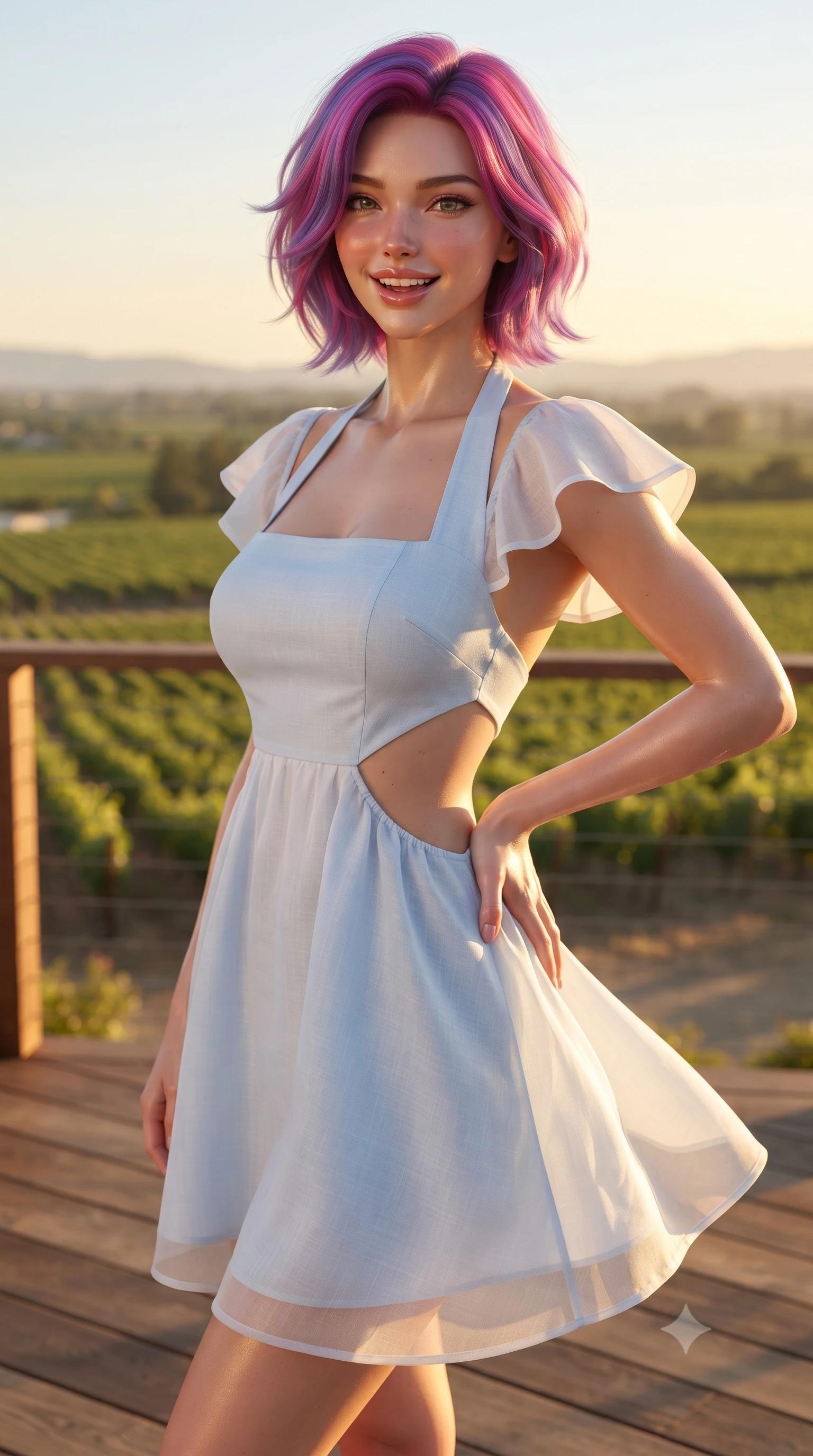 score_9, masterpiece, best quality, ultra-detailed, high-budget anime keyframe, editorial fashion photography, tasteful artistic composition, Caucasian woman. close-up cowboy shot from the waist and thighs up, the character dominates the composition, filling the frame with her large presence. twisting her slender torso in an alluring contrapposto stance, one hand resting on her sculpted hip while flashing a radiant, playful smile with parted glossy lips while twisting her slender torso in an alluring S-curve in the evening breeze as golden rays stretch endlessly across the Napa valley. The surrounding environment is rendered in vivid detail and crisp panoramic clarity. detailed cotton sundress weave, warm sun specular sheen on skin, and Napa valley landscape clarity in high resolution. She has an exceptionally elegant, slender, and willowy female figure with an ultra-slim waist, flat toned midriff, narrow ribcage, and sculpted feminine hips creating an alluring, slim hourglass silhouette without bulk. sharp v-shaped jawline, high-bridge nose, intricate jewel-like sparkling eyes with depth, thick eyelashes, glossy parted lips with a natural peach sheen, bright cheerful beaming smile with an enchanting and coquettish sensual glint, exuding both youthful cute charm and seductive allure, flawlessly proportioned anatomical accuracy, strict slender model proportions, natural body alignment, perfectly sculpted long slender limbs, ultra-slim waistline, clean dynamic posture without body distortion. wearing a backless pastel halter sundress with side-waist diamond cutouts and an ultra-fitted hip-hugging silhouette in soft baby blue and crisp cloud white, woven from layered gossamer organza with weightless flutter, featuring elegant flutter sleeves and a graceful square neckline, the precision-cut side openings and low-back scoop framing her graceful spine and the sensual sweep of her slim, toned hips. illuminated by warm timber deck bounce light sharply defining her sculpted collarbones, ultra-slim waist, and curvy hips. ultra-reflective glossy finish, specular highlights, rich textural contrasts, high-contrast stereoscopic depth, volumetric dynamic lighting, 2k, ultra detail, master piece, 9:16 ratio