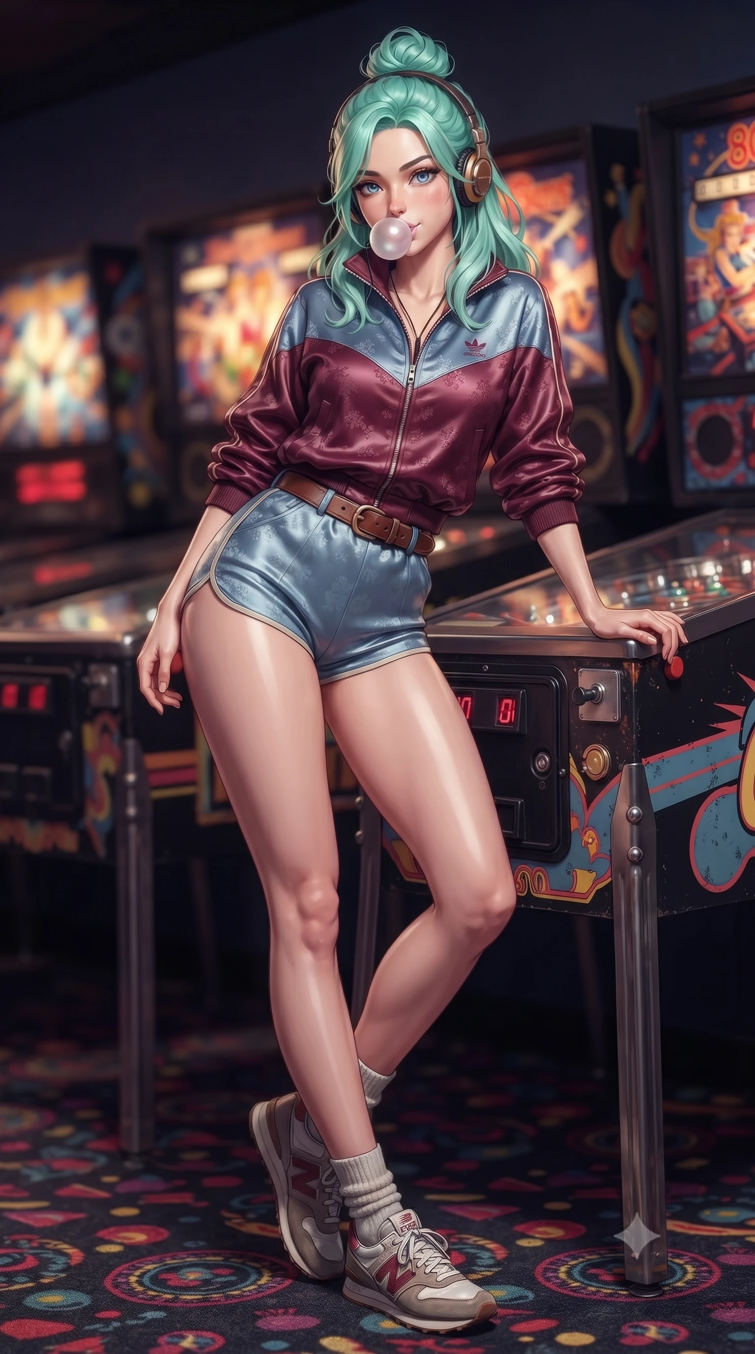 score_9, masterpiece, best quality, ultra-detailed, high-budget anime keyframe, editorial fashion photography, tasteful artistic composition, Japanese woman. low angle full-body shot from head to toe showing her feet, filling the entire 9:16 vertical frame with her statuesque presence, stretching her vertical silhouette. pivoting dynamically with supreme athletic balance and poise, her impossibly long slender legs creating a breathtaking line while leaning against a pinball machine with one hip cocked, chewing bubblegum with a playful, teasing smile at the lens. The composition keeps background elements in soft focus with creamy bokeh. retro arcade carpet patterns and pinball machine backglasses softened in dynamic shallow focus. She has an absolutely perfect, statuesque 8.5-heads proportion, an exceptionally tall and slender model-like female figure with impossibly long slender legs, a toned flat midriff, and an ultra-slim waist. sharp v-shaped jawline, high-bridge nose, intricate jewel-like eyes with depth, thick eyelashes, glossy lips with a natural sheen, captivating and magnetic expression, flawlessly proportioned anatomical accuracy, strict slender model proportions, natural body alignment, perfectly sculpted long slender limbs, ultra-slim waistline, clean dynamic posture without body distortion. wearing a sporty 80s retro track jacket paired with high-waisted dolphin running shorts and tube socks in rich wine burgundy and faded vintage blue, crafted from liquid-smooth silk satin with subtle floral jacquard, accessorized with a classic leather belt with brass buckle and retro on-ear foam headphones, the breezy yet form-flattering drape swaying gracefully with her steps, accentuating her long willowy limbs and slim waistline. surrounded by a playful, energetic, and delightfully charming 80s arcade sweetheart aura. ultra-reflective glossy finish, specular highlights, rich textural contrasts, high-contrast stereoscopic depth, volumetric dynamic lighting, 2k, ultra detail, master piece, 9:16 ratio