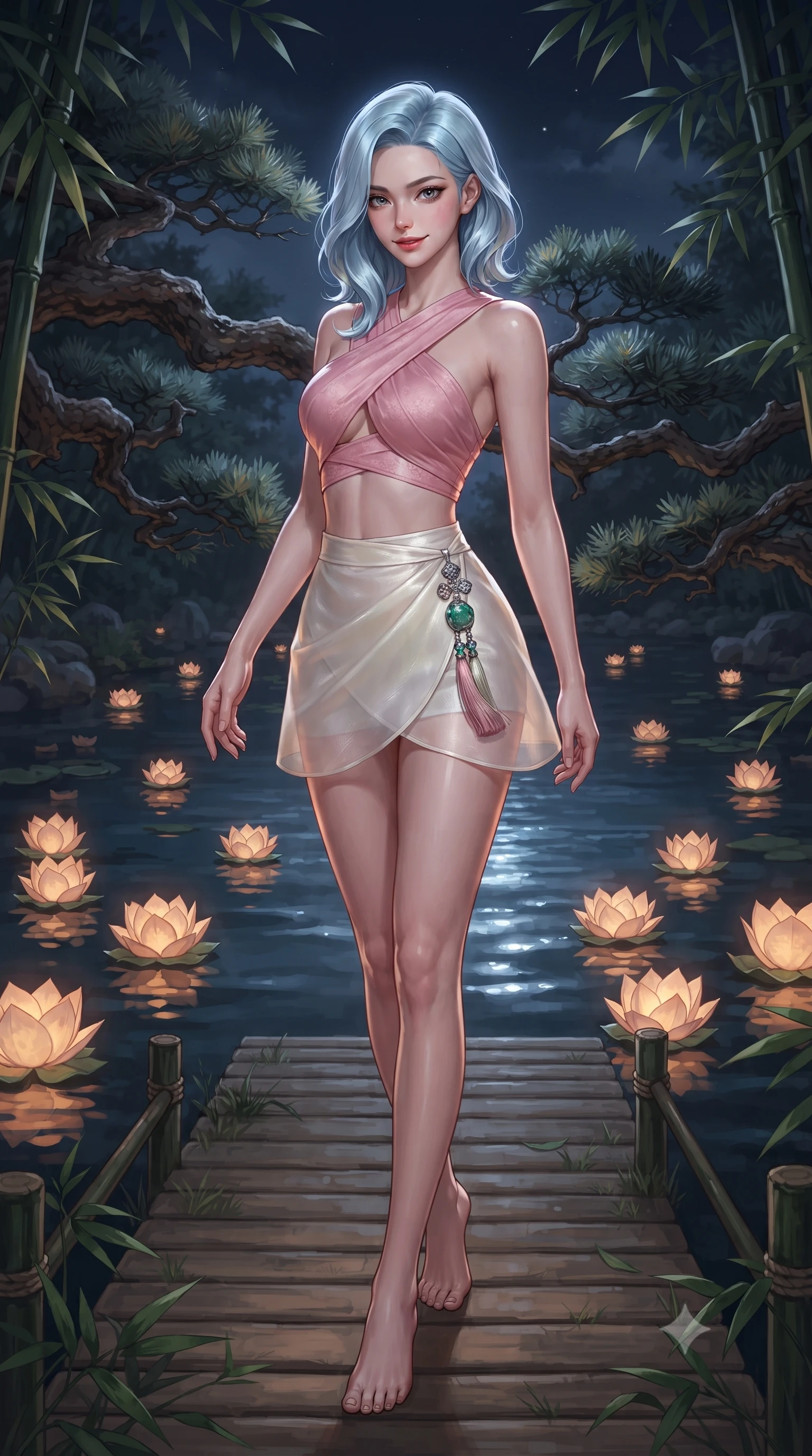 score_9, masterpiece, best quality, ultra-detailed, high-budget anime keyframe, editorial fashion photography, tasteful artistic composition, Korean woman. low angle full-body shot from head to toe showing her feet, filling the entire 9:16 vertical frame with her statuesque presence, stretching her vertical silhouette. walking slowly through the bamboo pathway, looking back over her shoulder with an air of effortless oriental grace and an alluring, smoldering smile while twisting her slender torso in an alluring S-curve, silver moonbeams rippling across the dark water surface and highlighting her narrow waist and curvy hips. The background shows a soft-focus ancient gnarled pine branches and floating paper lotus lanterns softened in royal Joseon shallow focus. She has an absolutely perfect, statuesque 8.5-heads proportion, an exceptionally tall and slender model-like female figure with impossibly long slender legs, an ultra-slim waist, a flat toned midriff, narrow delicate ribcage, and beautifully sculpted feminine hips creating a graceful, slim hourglass silhouette without any bulky heaviness. sharp v-shaped jawline, high-bridge nose, intricate jewel-like dark sparkling almond eyes with depth, thick lashes, glossy parted lips with a natural rose-plum sheen, bright alluring and coquettish smile with bedroom-eyes, exuding both timeless oriental elegance and sovereign high-fashion allure, flawlessly proportioned anatomical accuracy, strict slender model proportions, natural body alignment, perfectly sculpted long slender limbs, ultra-slim waistline, clean dynamic posture without body distortion. wearing a sleek two-piece set featuring an asymmetric cross-over crop top and a wrap-around micro skirt tracing her hips in soft cherry blossom pink and pearlescent ivory, tailored from sheer gossamer silk organza with an airy weightless flutter, finished with an ornate modern norigae tassel with polished jade and chrome charms resting on her curvy hips, the high-waisted wrap tailoring accentuating her ultra-slim waistline and the enchanting curve of her feminine hips with alluring oriental charm. illuminated by warm paper lantern reflections on the pond water and sharp platinum rim lights defining her razor-sharp jawline, narrow waist, and curvy hips. ultra-reflective glossy finish, specular highlights, rich textural contrasts, high-contrast stereoscopic depth, volumetric dynamic lighting, 2k, ultra detail, master piece, 9:16 ratio