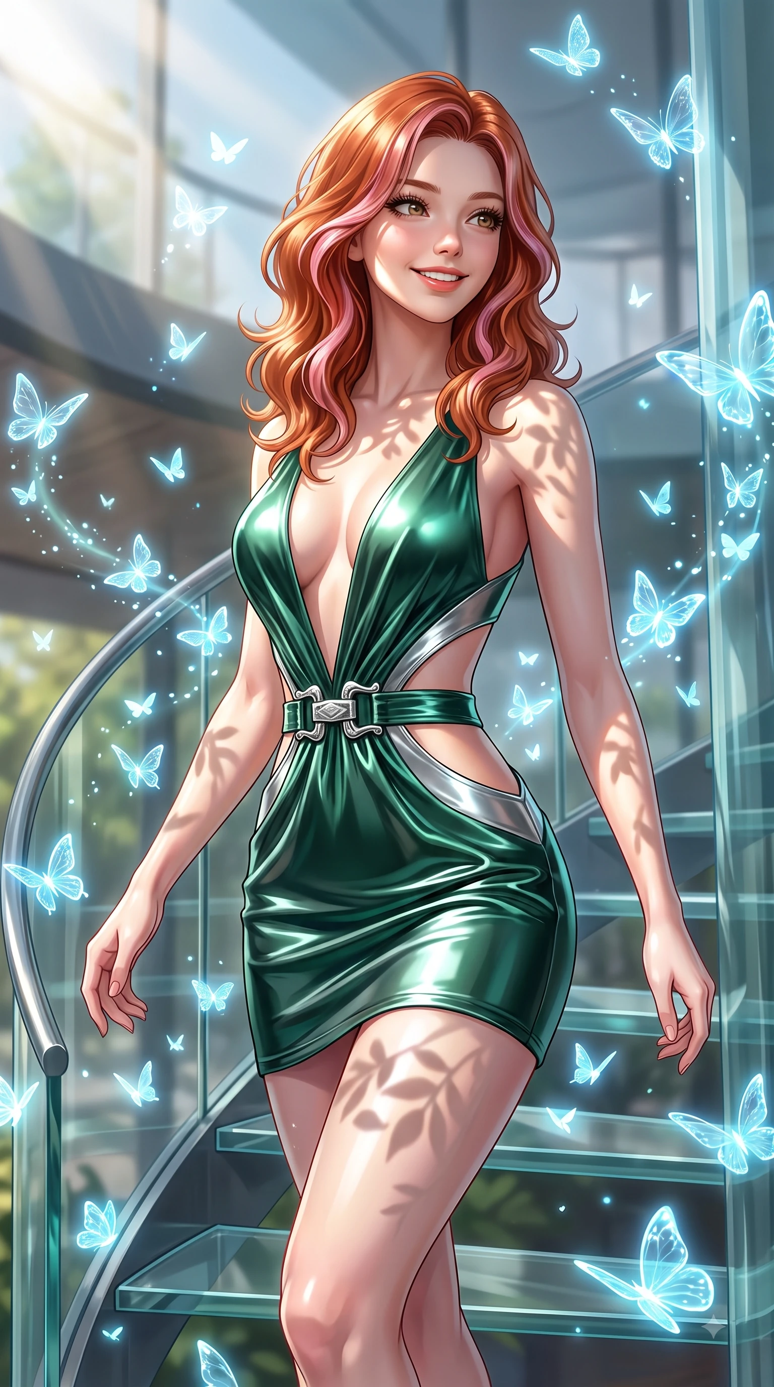 score_9, masterpiece, best quality, ultra-detailed, high-budget anime keyframe, editorial fashion photography, tasteful artistic composition, Caucasian woman. close-up cowboy shot from the waist and thighs up, the character dominates the composition, filling the frame with her large presence, background elements kept in soft focus. Warm delightful smile while casting a playful, joyful side-gaze with heavy lashes and a glowing expression while ascending a vertical glass spiral staircase with a cheerful beaming expression, hundreds of bioluminescent glass butterflies fluttering around her in cheerful light trails. She has an exceptionally elegant, slender, and willowy female figure with an ultra-slim waist, a gracefully sculpted slender torso, and a refined silhouette. sharp v-shaped jawline, high-bridge nose, intricate jewel-like eyes with depth, thick eyelashes, glossy lips with a natural sheen, flawlessly proportioned anatomical accuracy, natural body alignment, perfectly sculpted elegant limbs, clean dynamic posture without body distortion. wearing a liquid mercury gloss mini dress with ultra-deep V-neck and waist cutouts in deep emerald green and silver accent, crafted from lustrous satin jersey with fluid draping, detailed with polished silver buckles along the waistline, the sleek second-skin texture accentuating her magnetic presence. illuminated by brilliant sunbeams casting cheerful organic leaf stencil shadows. ultra-reflective glossy finish, specular highlights, metallic sheen, high-contrast stereoscopic depth, volumetric dynamic lighting, 2k, ultra detail, master piece, 9:16 ratio