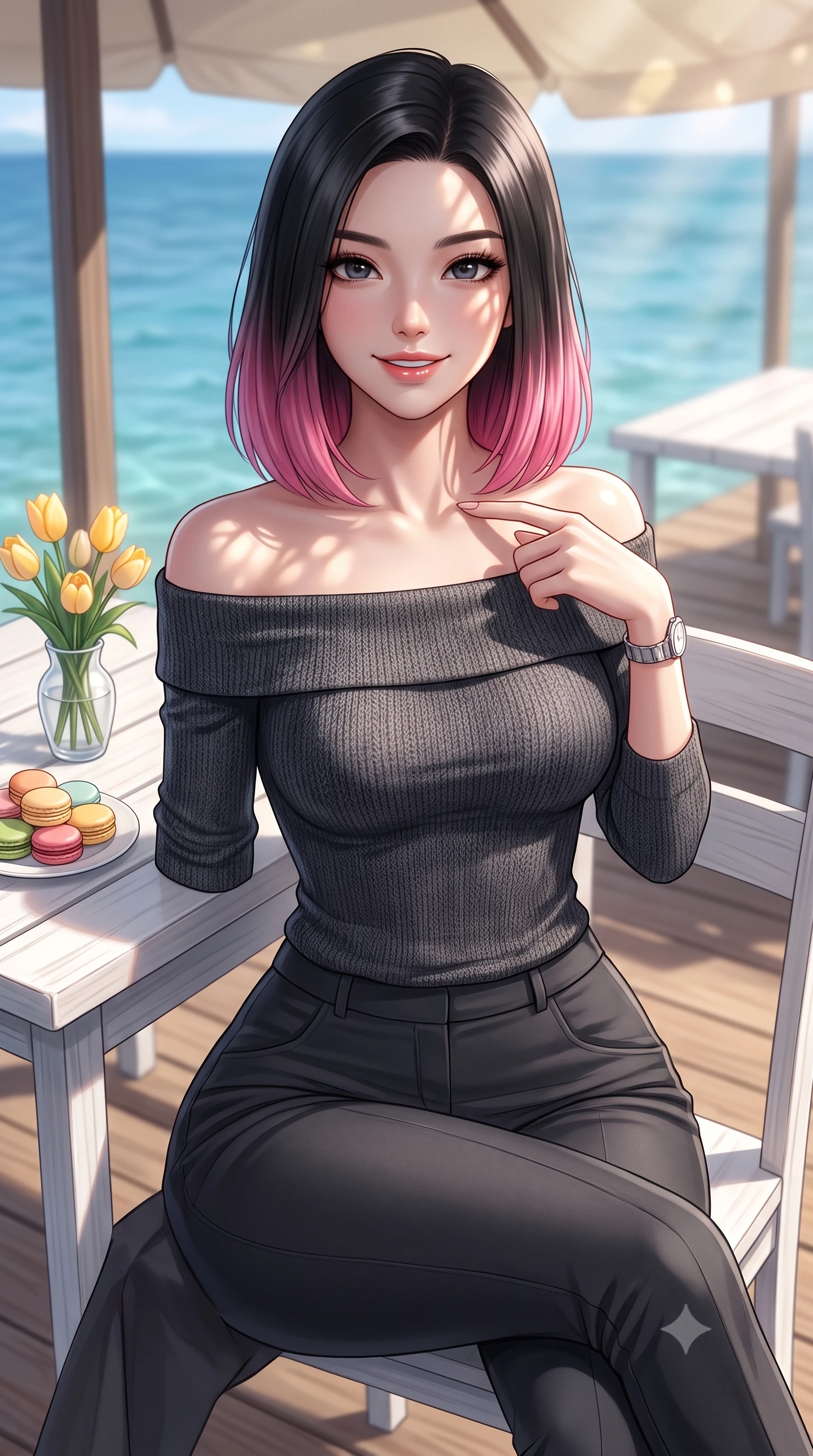 score_9, masterpiece, best quality, ultra-detailed, high-budget anime keyframe, editorial fashion photography, tasteful artistic composition, Korean woman. close-up cowboy shot from the waist and thighs up, the character dominates the composition, filling the frame with her large presence, background elements kept in soft focus. gently tracing her finger along her collarbone with a captivating, confident smile set against a soft-focus background of at a seaside cafe deck with white wooden tables and views of the blue water with a small vase of yellow tulips and a plate of colorful macarons on the table. She has an exceptionally elegant, slender, and willowy female figure with an ultra-slim waist, a gracefully sculpted slender torso, and a refined silhouette. sharp v-shaped jawline, high-bridge nose, intricate jewel-like eyes with depth, thick eyelashes, glossy lips with a natural sheen. wearing form-contouring body-hugging off-shoulder knit top in charcoal, paired with tailored slim pants. dappled sunlight filtering through the outdoor awning onto her face. ultra-reflective glossy finish, specular highlights, metallic sheen, high-contrast stereoscopic depth, volumetric dynamic lighting, 2k, ultra detail, master piece, 9:16 ratio