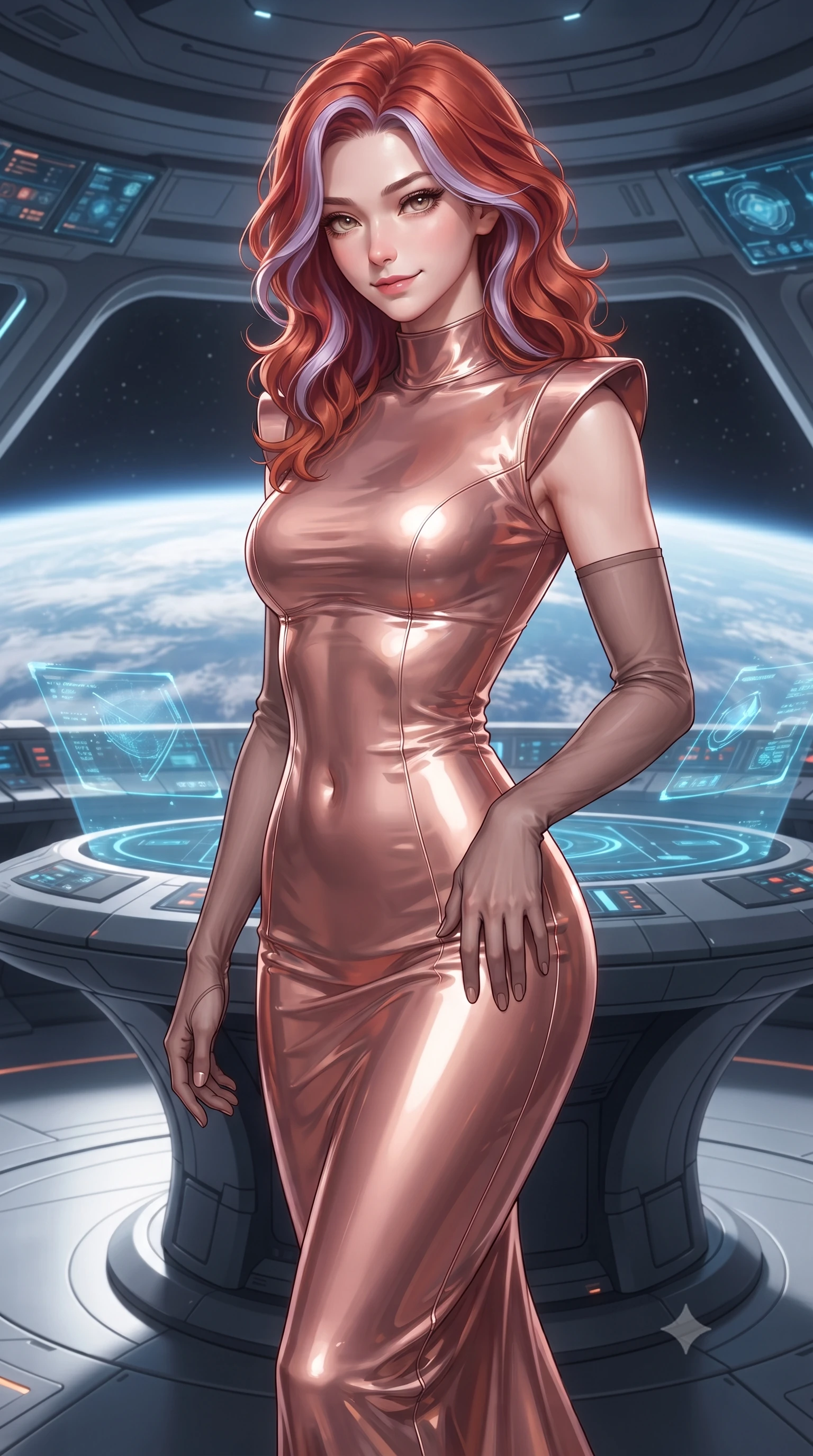 score_9, masterpiece, best quality, ultra-detailed, high-budget anime keyframe, editorial fashion photography, tasteful artistic composition, Caucasian woman. close-up cowboy shot from the waist and thighs up, the character dominates the composition, filling the frame with her large presence. tilting her head with a teasing half-smile, running one hand slowly down the side of her hip in a flirtatious S-curve as ambient light caresses her silhouette while standing poised beside the monumental curved tactical command dais above floating blue-white Earth, arching her lower back with sovereign commander charisma as holographic fleet vectors pulse in mid-air. The background shows a soft-focus faint pressurized cabin vapor softened in orbital flagship command bridge shallow focus. She has an exceptionally elegant, slender, and willowy female figure with an ultra-slim waist, flat toned midriff, narrow ribcage, and sculpted feminine hips creating an alluring, slim hourglass silhouette without bulk. sharp v-shaped jawline, high-bridge nose, intricate jewel-like sparkling eyes with depth, thick eyelashes, glossy parted lips with a natural peach sheen, bright cheerful beaming smile with an enchanting and coquettish sensual glint, exuding both youthful cute charm and seductive allure, flawlessly proportioned anatomical accuracy, strict slender model proportions, natural body alignment, perfectly sculpted long slender limbs, ultra-slim waistline, clean dynamic posture without body distortion. wearing a body-hugging liquid mercury jersey combat gown with high mock neck and structured shoulder pads clinging flawlessly to her silhouette in high-gloss rose-gold and burnished copper, tailored from high-gloss patent leather with mirror-like specular highlights, complemented by sheer opera-length evening gloves tracing her slender arms, the form-contouring silhouette accentuating her sculpted flat midriff, narrow delicate ribcage, and gracefully curvy hips with intoxicating allure. illuminated by Earth albedo reflection bounce and sharp ion-cyan rim lights sculpting her razor-sharp jawline, narrow waist, and curvy hips. ultra-reflective glossy finish, specular highlights, rich textural contrasts, high-contrast stereoscopic depth, volumetric dynamic lighting, 2k, ultra detail, master piece, 9:16 ratio