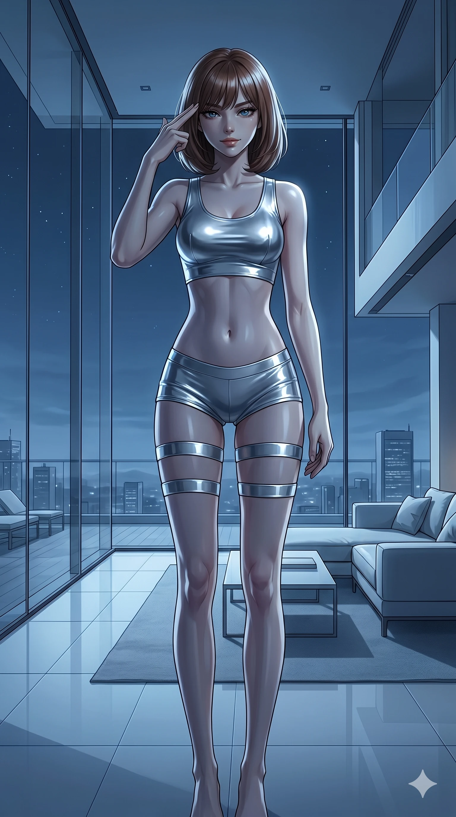 score_9, masterpiece, best quality, ultra-detailed, high-budget anime keyframe, editorial fashion photography, tasteful artistic composition, Caucasian woman, strictly human ears. cowboy shot from the thighs up, character and outfit filling the frame for maximum editorial presence. pressing two fingers to her temple, looking at the camera with a bored, condescending half-smile within a luxurious minimalist penthouse with floor-to-ceiling glass walls (Scenario Code H-44). She has an absolutely perfect 8-heads proportion, an exceptionally tall and slender female figure with impossibly long slender legs and an ultra-slim waist. V-shaped jawline, high-bridge nose, intricate jewel-like eyes with depth, thick eyelashes, glossy lips with a natural sheen. wearing a glossy metallic silver crop top paired with low-rise contoured shorts and a matching leg styling bands. bathed in a cold silver moonlight creating deep, dramatic shadows on her figure. 2k, ultra detail, master piece, 9:16 ratio