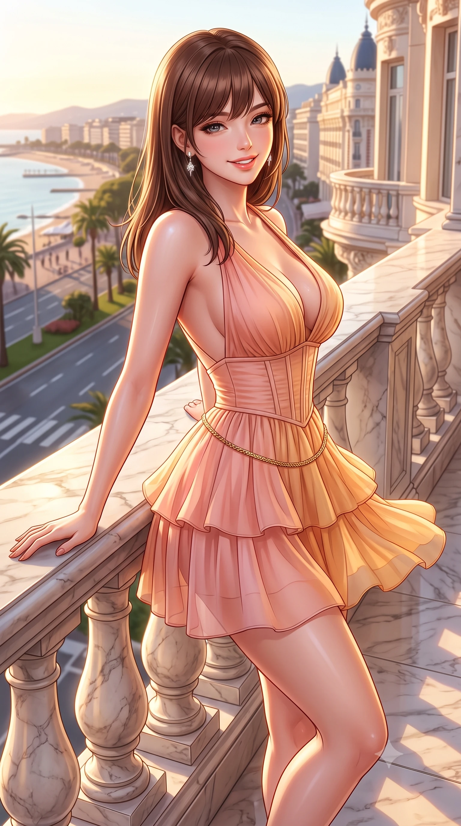 score_9, masterpiece, best quality, ultra-detailed, high-budget anime keyframe, semi-realistic 3D game render, editorial fashion photography, tasteful artistic composition, Korean woman. close-up cowboy shot from the waist and thighs up, the character dominates the composition, filling the frame with her large presence. leaning back against the sunlit marble railing with relaxed seductive grace, her flat midriff and narrow waist highlighted as golden hour light traces her curves while standing poised on the grand marble hotel terrace overlooking the Boulevard de la Croisette, arching her spine with festival-queen glamour. The surrounding environment is rendered in vivid detail and crisp panoramic clarity. detailed haute-couture resort gown sheen, diamond earrings sparkle, and palace architecture in high resolution. She has an exceptionally elegant, slender, and willowy female figure with an ultra-slim waist, flat toned midriff, narrow ribcage, and sculpted feminine hips creating an alluring, slim hourglass silhouette without bulk. sharp v-shaped jawline, high-bridge nose, sparkling amber-hazel eyes with depth, long lush eyelashes, glossy sun-kissed lips with a warm coral glaze, radiant teasing smile with sensual sunlit bedroom-eyes, exuding effortless old-money elegance and intoxicating sun-drenched allure, flawlessly proportioned anatomical accuracy, strict slender model proportions, natural body alignment, perfectly sculpted long slender limbs, ultra-slim waistline, clean dynamic posture without body distortion. wearing a tiered ruffled chiffon resort mini dress with an ultra-slim corseted waist and open back in soft peach blossom pink and warm apricot gold, tailored from airy semi-sheer chiffon that flutters gently in the evening breeze, finished with a delicate gold snake chain belt resting loosely on her curvy hips, the form-contouring cut accentuating her sculpted flat midriff, narrow delicate ribcage, and gracefully curvy hips with sun-drenched supermodel elegance. illuminated by grand marble terrace bounce and sharp platinum rim lights sculpting her razor-sharp jawline, narrow waist, and curvy hips. highly saturated vibrant anime colors, detailed shading with soft gradients, rich glossy textures, high-contrast stereoscopic depth, volumetric dynamic lighting, master piece, 9:16 ratio