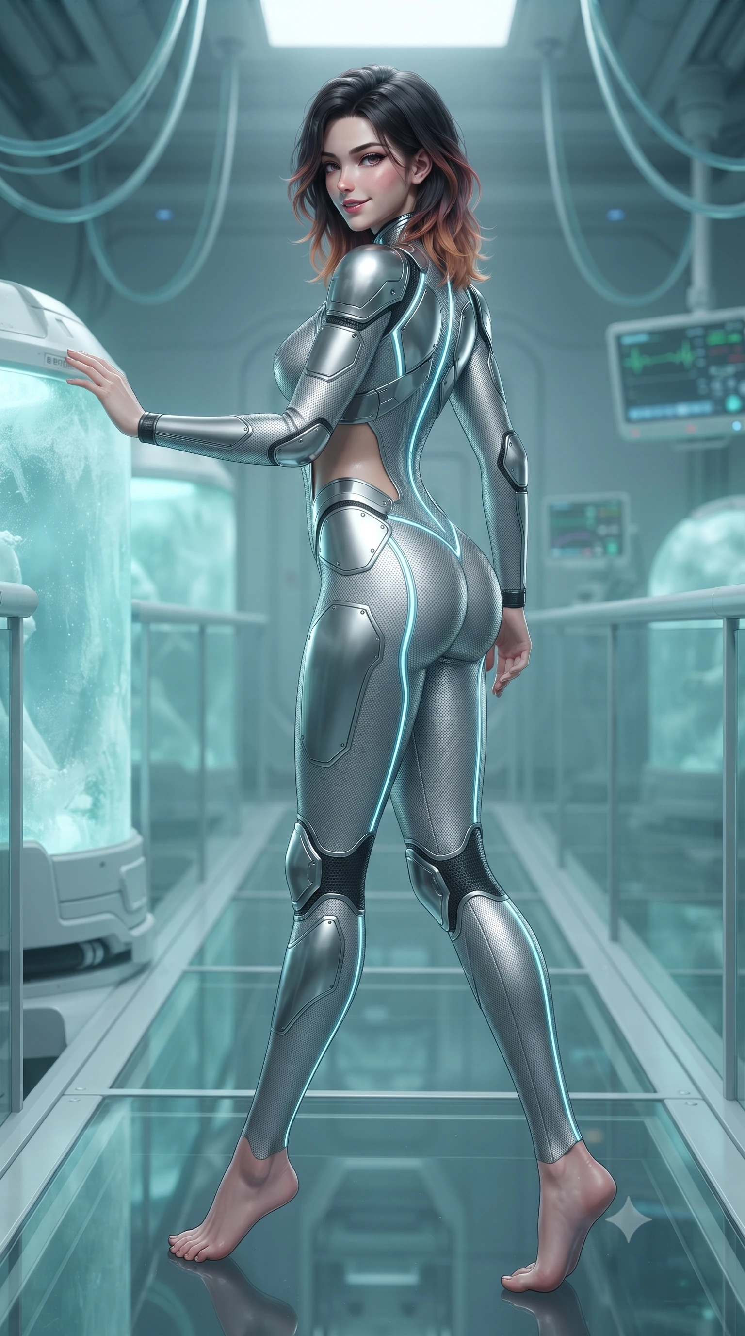 score_9, masterpiece, best quality, ultra-detailed, high-budget anime keyframe, editorial fashion photography, tasteful artistic composition, Korean woman. low angle full-body shot from head to toe showing her feet, filling the entire 9:16 vertical frame with her statuesque presence, stretching her vertical silhouette. walking slowly along the transparent glass skybridge, looking back over her shoulder with an air of effortless grace and an alluring, smoldering smile while leaning against a frosted glass stasis pod with hips cocked back, casting an intoxicating, mysterious bedroom-gaze through sub-zero vapor. The background shows a soft-focus overhead cryogenic coolant lines and digital vital signs monitors softened in eerie sci-fi medical shallow focus. She has an absolutely perfect, statuesque 8.5-heads proportion, an exceptionally tall and slender model-like female figure with impossibly long slender legs, an ultra-slim waist, a flat toned midriff, narrow delicate ribcage, and beautifully sculpted feminine hips creating a graceful, slim hourglass silhouette without any bulky heaviness. sharp v-shaped jawline, high-bridge nose, intricate jewel-like sparkling eyes with depth, thick eyelashes, glossy parted lips with a natural sheen, bright confident smile with an enchanting and coquettish sensual glint, exuding both youthful magnetic charm and sovereign high-tech allure, flawlessly proportioned anatomical accuracy, strict slender model proportions, natural body alignment, perfectly sculpted long slender limbs, ultra-slim waistline, clean dynamic posture without body distortion. wearing a form-contouring delicate silver nano-mesh bodysuit with strategically placed chrome armor plate guards covering key curves in reflective liquid mercury and matte phantom grey, crafted from lightweight aerodynamic matte carbon-fiber weave with structural stiffness, accented with glowing neon fiber-optic piping tracing her spine and hip lines, the precision-cut side openings and low-back scoop framing her graceful spine and the sensual sweep of her slim, toned hips. bathed in soft icy cyan and pale aquamarine glow emitted from stasis pod interiors. ultra-reflective glossy finish, specular highlights, rich textural contrasts, high-contrast stereoscopic depth, volumetric dynamic lighting, 2k, ultra detail, master piece, 9:16 ratio