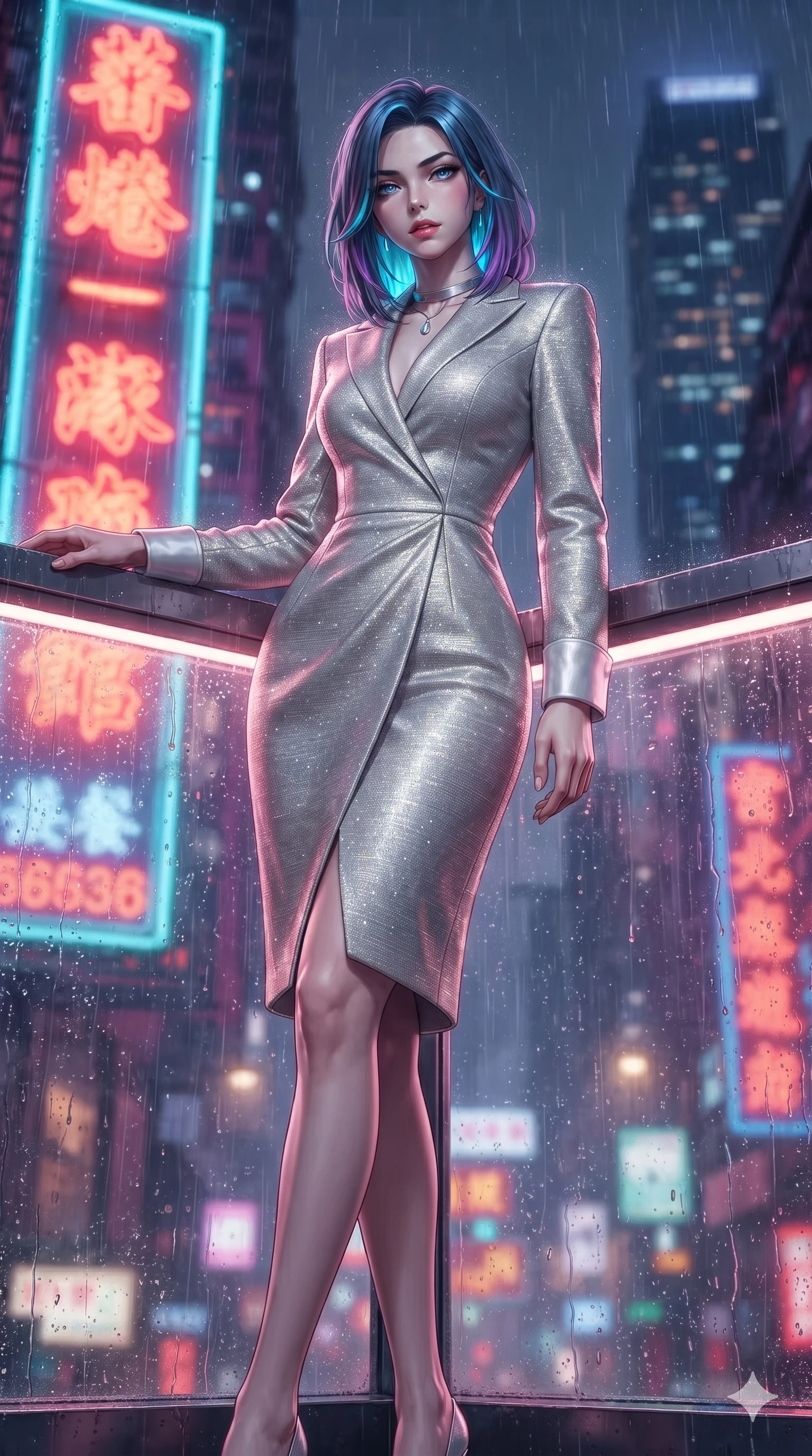 score_9, masterpiece, best quality, ultra-detailed, high-budget anime keyframe, editorial fashion photography, tasteful artistic composition, Caucasian woman. low angle full-body shot from head to toe showing her feet, filling the entire 9:16 vertical frame with her statuesque presence, stretching her vertical silhouette. stepping slowly toward the camera with hypnotic grace, hips swaying in an alluring sensual rhythm that accentuates her curvy hourglass silhouette and long slender legs while leaning against the illuminated balcony shelter with hips cocked back, looking through rain-streaked glass with heavy-lidded seductive eyes. The background shows a soft-focus colossal vertical neon Chinese character signs, illuminated skyscrapers, and dense flying rain mist blurred into scarlet, violet, and obsidian bokeh. She has an exceptionally tall and slender model-like 8.5-heads proportion, an ultra-slim waist, a flat toned midriff, narrow delicate ribcage, and beautifully sculpted feminine hips creating a graceful, slim hourglass silhouette without any bulky heaviness, with impossibly long slender legs. sharp v-shaped jawline, high-bridge nose, intricate jewel-like sparkling eyes with depth, thick eyelashes, glossy parted lips with a natural sheen, intensely captivating and seductive bedroom-eyes expression, exuding both youthful cute charm and sovereign luxury allure, flawlessly proportioned anatomical accuracy, strict slender model proportions, natural body alignment, perfectly sculpted long slender limbs, ultra-slim waistline, clean dynamic posture without body distortion. wearing a tailored high-collar velvet evening coat dress with structural waist cinching and satin cuff accents in shimmering silver mercury and pearl white, woven from high-density tech-wool with subtle metallic thread weave, finished with a minimalist chrome choker and a single teardrop diamond pendant, the bespoke structured tailoring following the natural line of her 8.5-heads silhouette with refined elegance. bathed in the intense, high-saturation glow of multi-colored neon signage reflecting off wet surfaces. ultra-reflective glossy finish, specular highlights, rich textural contrasts, high-contrast stereoscopic depth, volumetric dynamic lighting, 2k, ultra detail, master piece, 9:16 ratio