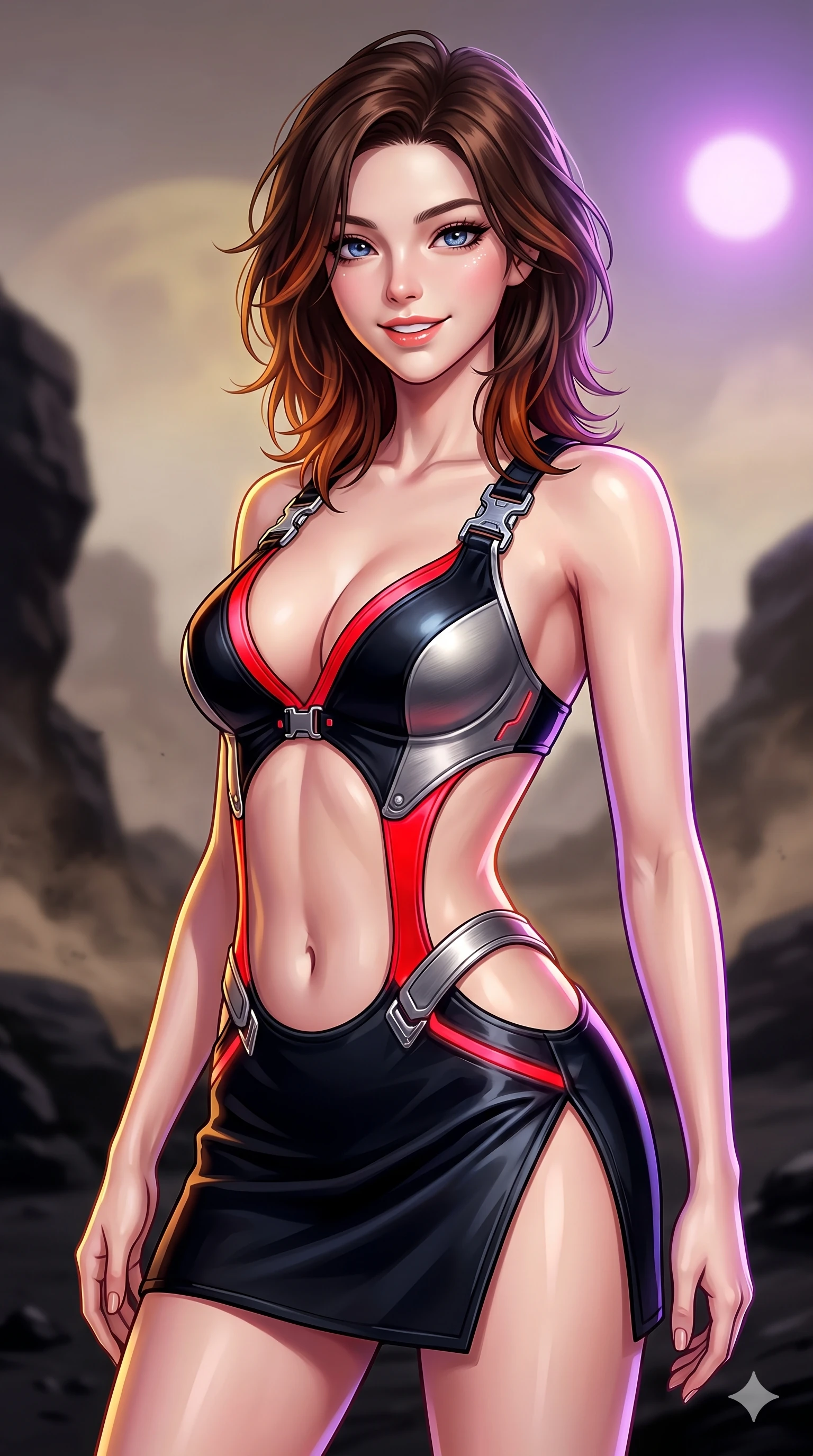 score_9, masterpiece, best quality, ultra-detailed, high-budget anime keyframe, semi-realistic 3D game render, editorial fashion photography, tasteful artistic composition, Korean woman. close-up cowboy shot from the waist and thighs up, the character dominates the composition, filling the frame with her large presence. twisting her slender torso in an alluring S-curve, dynamic rim light painting her narrow waist and curvy hips in fire while twisting her slender torso in an alluring contrapposto, dual amber-violet solar rays tracing her narrow waist and curvy hips in sharp contrast. The background shows a soft-focus planetary dust haze softened in alien obsidian desert shallow focus. She has an exceptionally elegant, slender, and willowy female figure with an ultra-slim waist, flat toned midriff, narrow ribcage, and sculpted feminine hips creating an alluring, slim hourglass silhouette without bulk. sharp v-shaped jawline, high-bridge nose, intricate jewel-like sparkling eyes with depth, thick eyelashes, glossy parted lips with a natural sheen, bright confident smile with an enchanting and coquettish sensual glint, exuding both youthful magnetic charm and sovereign high-tech allure, flawlessly proportioned anatomical accuracy, strict slender model proportions, natural body alignment, perfectly sculpted long slender limbs, ultra-slim waistline, clean dynamic posture without body distortion. wearing a provocative open-waist cutout tactical mini dress framed by sculptural chrome hardware and thigh-high slit in midnight black lacquer and vibrant scarlet neon, tailored from brushed aeronautical titanium alloy with matte satin sheen, finished with high-tension magnetic quick-release clasps glinting along her collarbones, the precision-cut side openings and low-back scoop framing her graceful spine and the sensual sweep of her slim, toned hips. bathed in the dramatic dual illumination of a golden-yellow sun and a violet-dwarf companion star creating double rim lights. highly saturated vibrant anime colors, detailed shading with soft gradients, rich glossy textures, high-contrast stereoscopic depth, volumetric dynamic lighting, master piece, 9:16 ratio