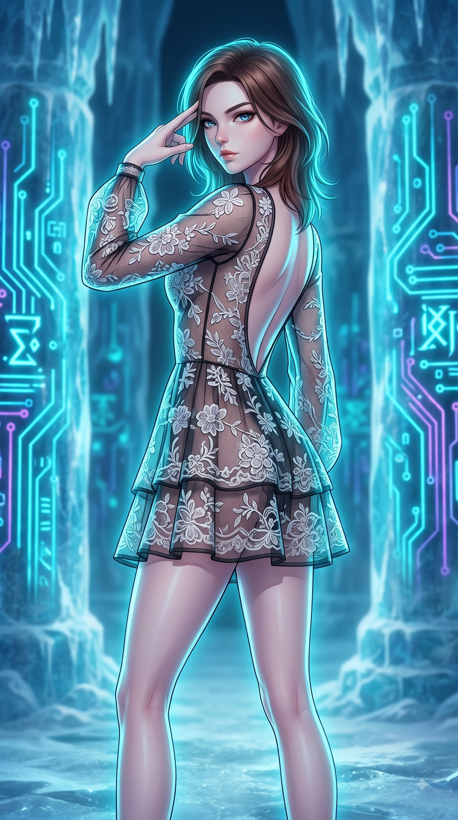 score_9, masterpiece, best quality, ultra-detailed, high-budget anime keyframe, editorial fashion photography, tasteful artistic composition, Korean woman woman. close-up cowboy shot from the waist and thighs up, the character dominates the composition, filling the frame with her large presence, background elements kept in soft focus. She has an exceptionally elegant, slender, and willowy female figure with an ultra-slim waist, a gracefully sculpted slender torso, and a refined silhouette. pressing two fingers to her temple in a composed gesture, gazing past the camera with sharp focus, flawlessly proportioned anatomical accuracy, natural body alignment, perfectly sculpted elegant limbs, clean dynamic posture without body distortion. set against a soft-focus background of frozen ice columns embedded with pulsing neon circuit boards. wearing a semi-opaque sheer overlay micro-dress with delicate floral lace embroidery and low back. bathed in glowing cyan light radiating from sub-zero circuit runes with cool ambient backdrops. highly saturated vibrant anime colors, detailed shading with soft gradients, rich glossy textures, high-contrast stereoscopic depth, volumetric dynamic lighting, master piece, 9:16 ratio