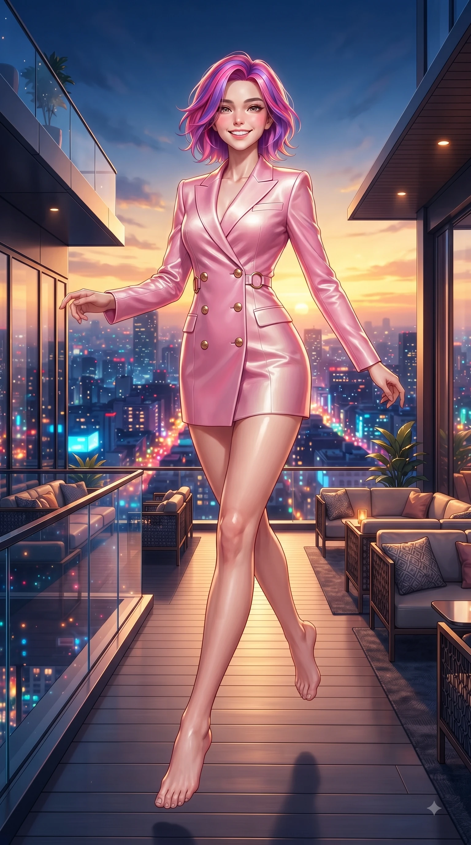 score_9, masterpiece, best quality, ultra-detailed, high-budget anime keyframe, editorial fashion photography, tasteful artistic composition, Caucasian woman. low angle full-body shot from head to toe showing her feet, filling the entire 9:16 vertical frame with her statuesque presence, stretching her vertical silhouette. leaping with pure youthful energy through the scene with a radiant bright smile, her long slender legs balanced gracefully while stepping gracefully onto an open-air rooftop terrace as sunset city lights twinkle below. The surrounding environment is rendered in vivid detail and crisp panoramic clarity. vibrant city lights and stylish terrace lounge decor captured with environmental precision. She has an absolutely perfect, statuesque 8.5-heads proportion, an exceptionally tall and slender model-like female figure with impossibly long slender legs and an ultra-slim waist. sharp v-shaped jawline, high-bridge nose, intricate jewel-like eyes with depth, thick eyelashes, glossy lips with a natural sheen, flawlessly proportioned anatomical accuracy, natural body alignment, perfectly sculpted elegant limbs, clean dynamic posture without body distortion. wearing a sleek double-breasted blazer dress with gold button accents in bright cherry blossom pink and champagne, made of lustrous stretch velvet, accented with subtle metallic ring hardware framing her waist, the glove-like fit emphasizing her statuesque silhouette during motion. bathed in dramatic golden hour sunset glow and vibrant urban night lights. ultra-reflective glossy finish, specular highlights, metallic sheen, high-contrast stereoscopic depth, volumetric dynamic lighting, 2k, ultra detail, master piece, 9:16 ratio