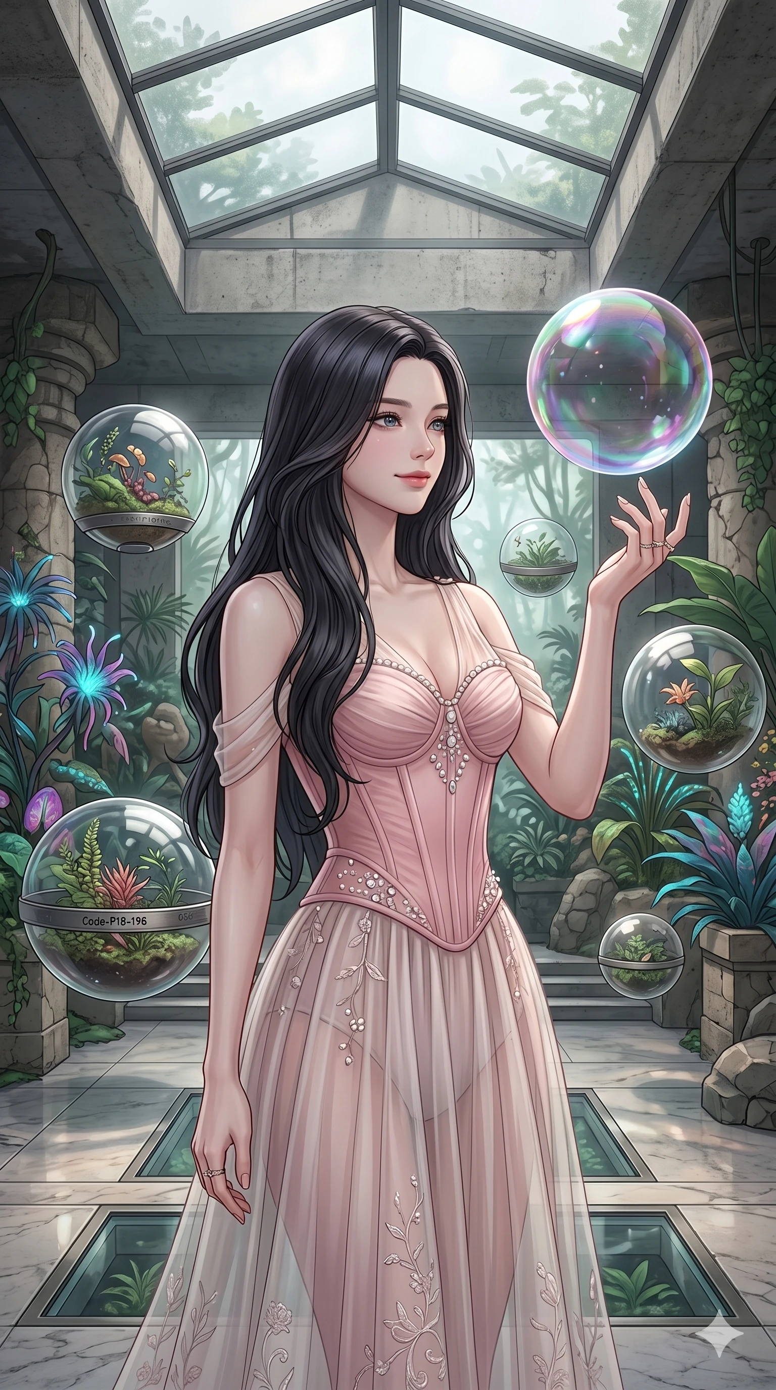 score_9, masterpiece, best quality, ultra-detailed, high-budget anime keyframe, editorial fashion photography, tasteful artistic composition, Korean woman. cowboy shot from the thighs up, character and outfit filling the frame for maximum editorial presence. reaching a hand towards a floating bubble, looking at it with a quiet smile inside a retro-futuristic greenhouse with levitating glass spheres (Code-P18-196). She has an absolutely perfect 8-heads proportion, an exceptionally tall and slender female figure with impossibly long slender legs and an ultra-slim waist. V-shaped jawline, high-bridge nose, intricate jewel-like eyes with depth, thick eyelashes, glossy lips with a natural sheen. wearing a sheer chiffon dress with a pink corset bodice. soft diffused light from a concrete skylight, highlighting her V-shaped jawline and nose. 2k, ultra detail, master piece, 9:16 ratio