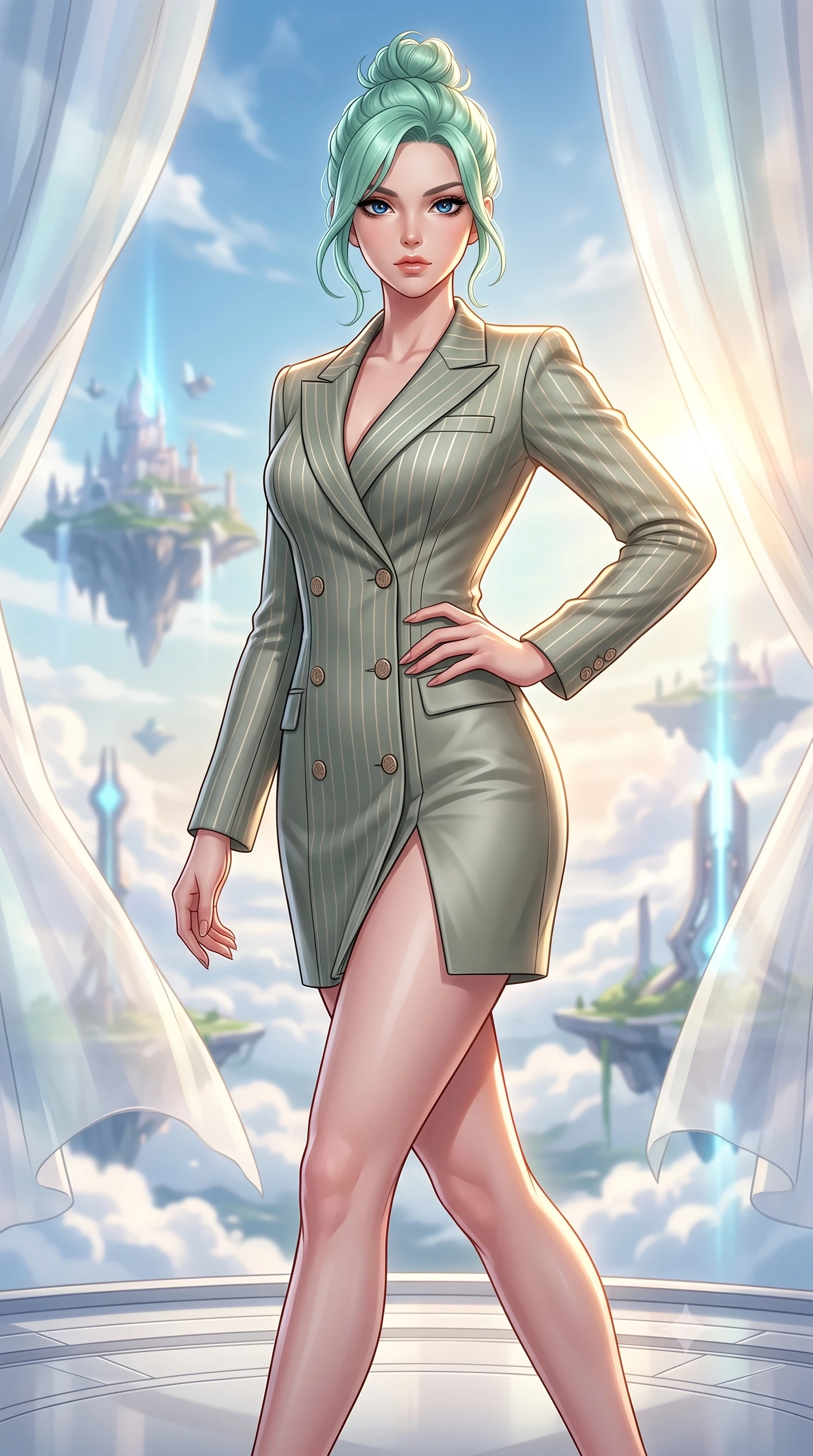 score_9, masterpiece, best quality, ultra-detailed, high-budget anime keyframe, editorial fashion photography, tasteful artistic composition, Japanese woman. close-up cowboy shot from the waist and thighs up, the character dominates the composition, filling the frame with her large presence, background elements kept in soft focus. Holding a powerful dynamic pose with one hand on her hip and body angled dramatically toward the key light while stepping along a cloudtop platinum terrace suspended between flying hydro-islands, translucent silk curtains drifting lazily in a high-altitude sky breeze. She has an exceptionally elegant, slender, and willowy female figure with an ultra-slim waist, a gracefully sculpted slender torso, and a refined silhouette. sharp v-shaped jawline, high-bridge nose, intricate jewel-like eyes with depth, thick eyelashes, glossy lips with a natural sheen, flawlessly proportioned anatomical accuracy, natural body alignment, perfectly sculpted elegant limbs, clean dynamic posture without body distortion. wearing a double-breasted blazer dress with subtle metallic pin-stripes in sage green and oatmeal, made of fine carbon-fiber weave and soft matte leather, finished with a sleek side slit ascending to mid-thigh, the form-contouring material highlighting her ultra-slim waist and long lines. surrounded by a bright, luxurious aura of warm sunshine and sky reflections. highly saturated vibrant anime colors, detailed shading with soft gradients, rich glossy textures, high-contrast stereoscopic depth, volumetric dynamic lighting, master piece, 9:16 ratio