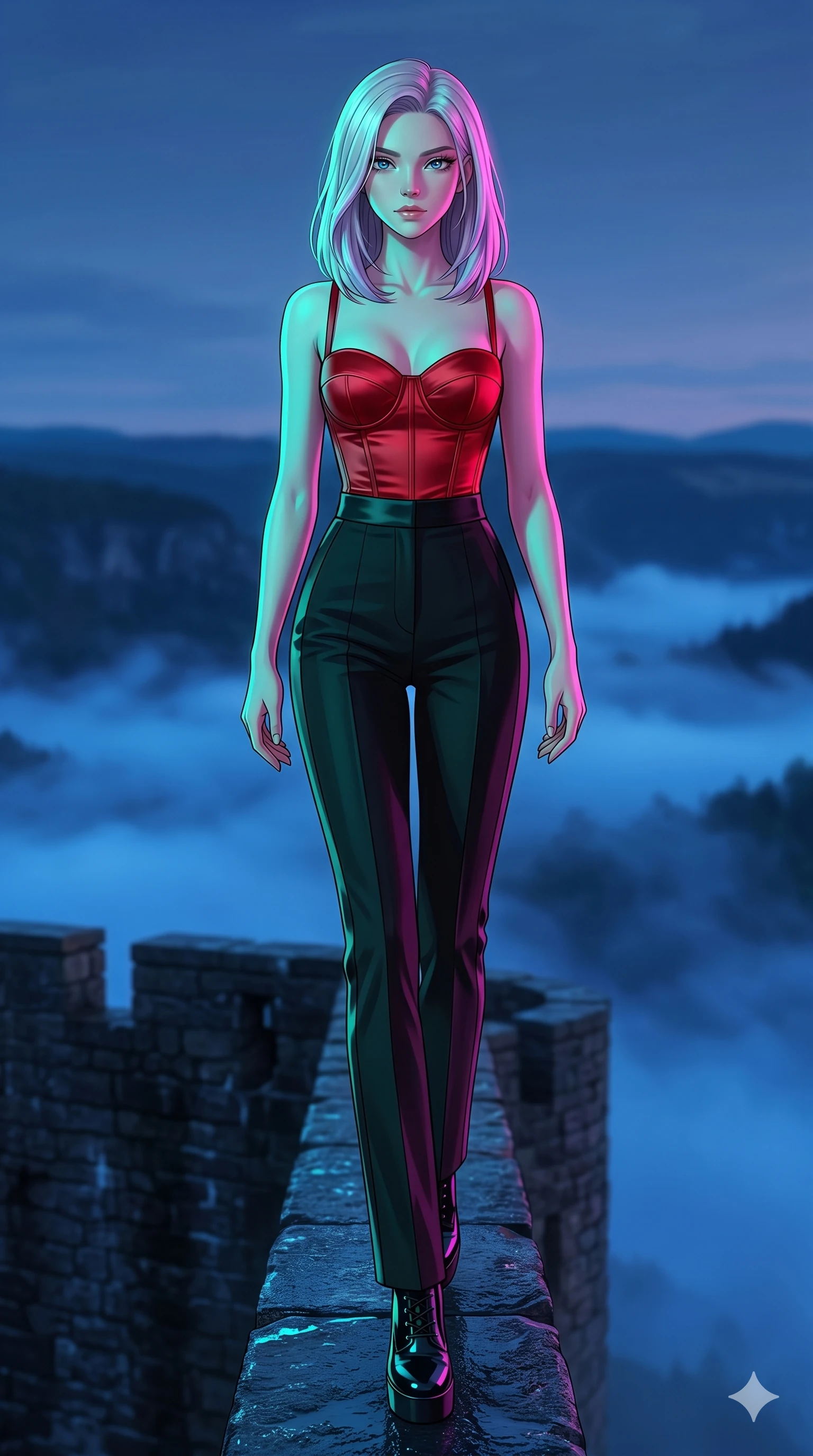 score_9, masterpiece, best quality, ultra-detailed, high-budget anime keyframe, editorial fashion photography, tasteful artistic composition, Caucasian woman, strictly human ears. low angle full-body shot from head to toe showing her feet, filling the entire 9:16 vertical frame with her statuesque presence, stretching her vertical silhouette. Striding confidently forward with elongated powerful stride atop a tower of dark granite overlooking a valley covered in glowing blue fog. She has an absolutely perfect 8-heads proportion, an exceptionally tall and slender female figure with impossibly long slender legs and an ultra-slim waist. V-shaped jawline, high-bridge nose, intricate jewel-like eyes with depth, thick eyelashes, glossy lips with a natural sheen. wearing a structured bustier in scarlet red satin, paired with high-waist black tailored trousers with a satin stripe down the leg. under intense neon teal and magenta split-lighting creating vivid chromatic contrast on her figure. 2k, ultra detail, master piece, 9:16 ratio