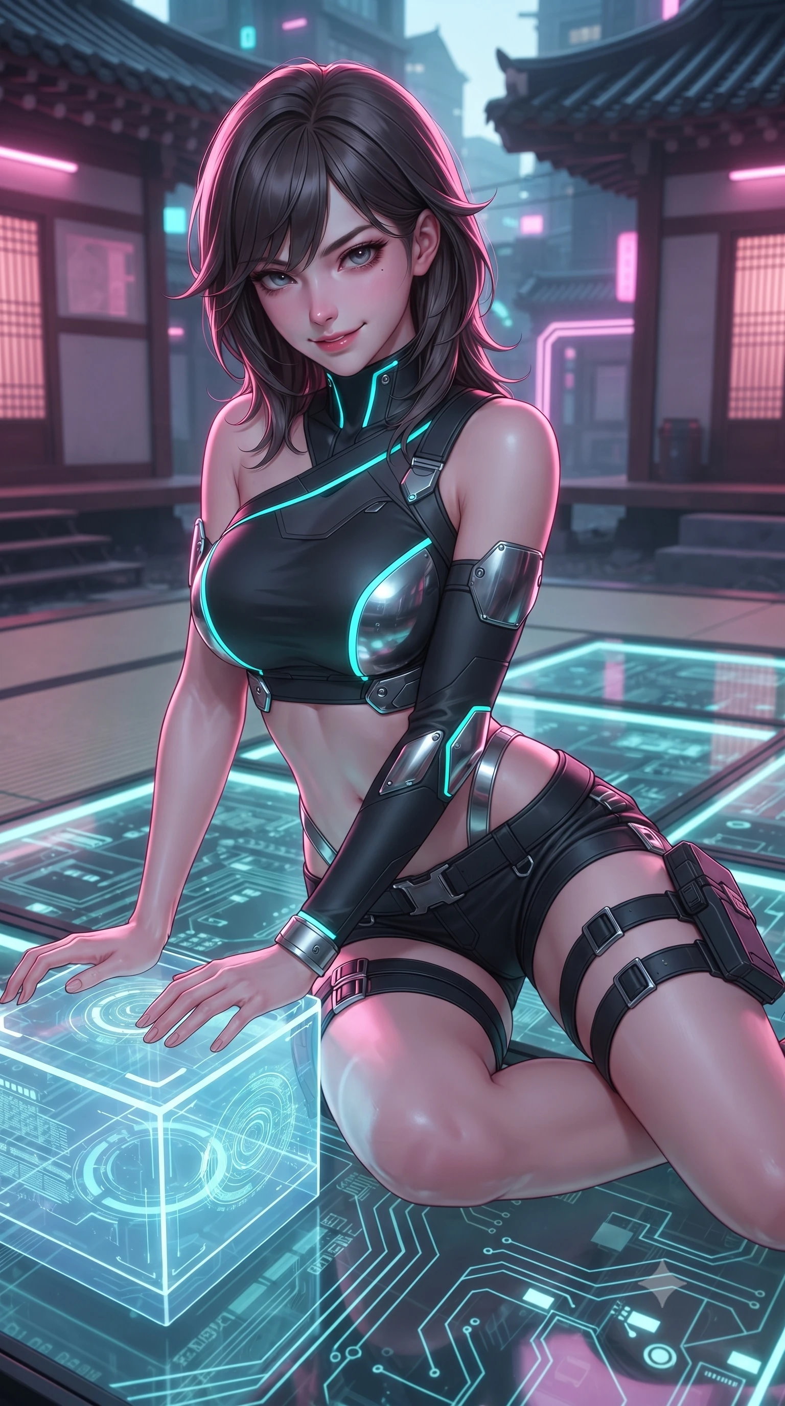 score_9, masterpiece, best quality, ultra-detailed, high-budget anime keyframe, editorial fashion photography, tasteful artistic composition, Korean woman. close-up cowboy shot from the waist and thighs up, the character dominates the composition, filling the frame with her large presence. resting both hands lightly on the holoscreen pedestal while leaning toward the lens with a teasing smirk, her tight combat suit hugging her narrow waist and feminine hip curve while sitting in an elegant seiza-inspired pose on an illuminated glass tatami mat, arching her lower back with mesmerizing, teasing grace. The surrounding environment is rendered in vivid detail and crisp panoramic clarity: detailed cyber suit weave, soft pink neon highlights on skin, and futuristic tea house architecture in high resolution. She has an exceptionally elegant, slender, and willowy female figure with an ultra-slim waist, flat toned midriff, narrow ribcage, and sculpted feminine hips creating an alluring, slim hourglass silhouette without bulk. sharp v-shaped jawline, high-bridge nose, intricate jewel-like sparkling eyes with depth, thick eyelashes, glossy parted lips with a natural sheen, bright confident smile with an enchanting and coquettish sensual glint, exuding both youthful magnetic charm and sovereign high-tech allure, flawlessly proportioned anatomical accuracy, strict slender model proportions, natural body alignment, perfectly sculpted long slender limbs, ultra-slim waistline, clean dynamic posture without body distortion. wearing a high-tech mechanic crop top with asymmetric shoulder straps paired with ultra-fitted tactical hot-pants and thigh holsters in matte obsidian black and glowing neon cyan trim, tailored from brushed aeronautical titanium alloy with matte satin sheen, accented with strategically placed chrome armor plate guards covering key curves, the form-contouring cut accentuating her sculpted flat midriff, narrow delicate ribcage, and gracefully curvy hips with cybernetic supermodel precision. illuminated by floor light panels and sharp rose-gold rim lighting sculpting her razor-sharp jawline, narrow waist, and curvy hips. ultra-reflective glossy finish, specular highlights, rich textural contrasts, high-contrast stereoscopic depth, volumetric dynamic lighting, 2k, ultra detail, master piece, 9:16 ratio
