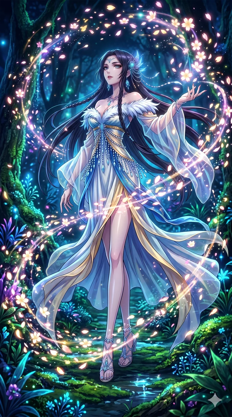 score_9, masterpiece, best quality, ultra-detailed, High-budget Anime Keyframe, vibrant colors, fluid line-art, expressive lighting, cinematic composition, Ufotable-style visual effects, top-tier animation quality, Japanese woman with delicate and elegant anime-inspired features. Low angle cowboy shot filling the entire 9:16 frame with her statuesque presence, looking up to emphasize her height. Summoning a flurry of glowing petals that swirl in a rhythmic dance. She has an absolutely perfect 8-heads proportion, an exceptionally tall and slender female figure with impossibly long slender legs and an ultra-slim waist, her statuesque height and towering silhouette dominating the vertical 9:16 frame. Her face is a masterpiece featuring a sharp v-shaped jawline, high-bridge nose, intricate jewel-like eyes with depth, thick eyelashes, and glossy lips with a natural sheen. She is wearing a Flowing silk chiffon dress with an asymmetrical hem, feather-trimmed off-the-shoulder top, crystalline beaded fringe, and translucent flowing sleeves.. The scene is set in a bioluminescent jungle where every leaf and flower glows with a unique frequency. 2k, ultra detail, master piece, 9:16 ratio