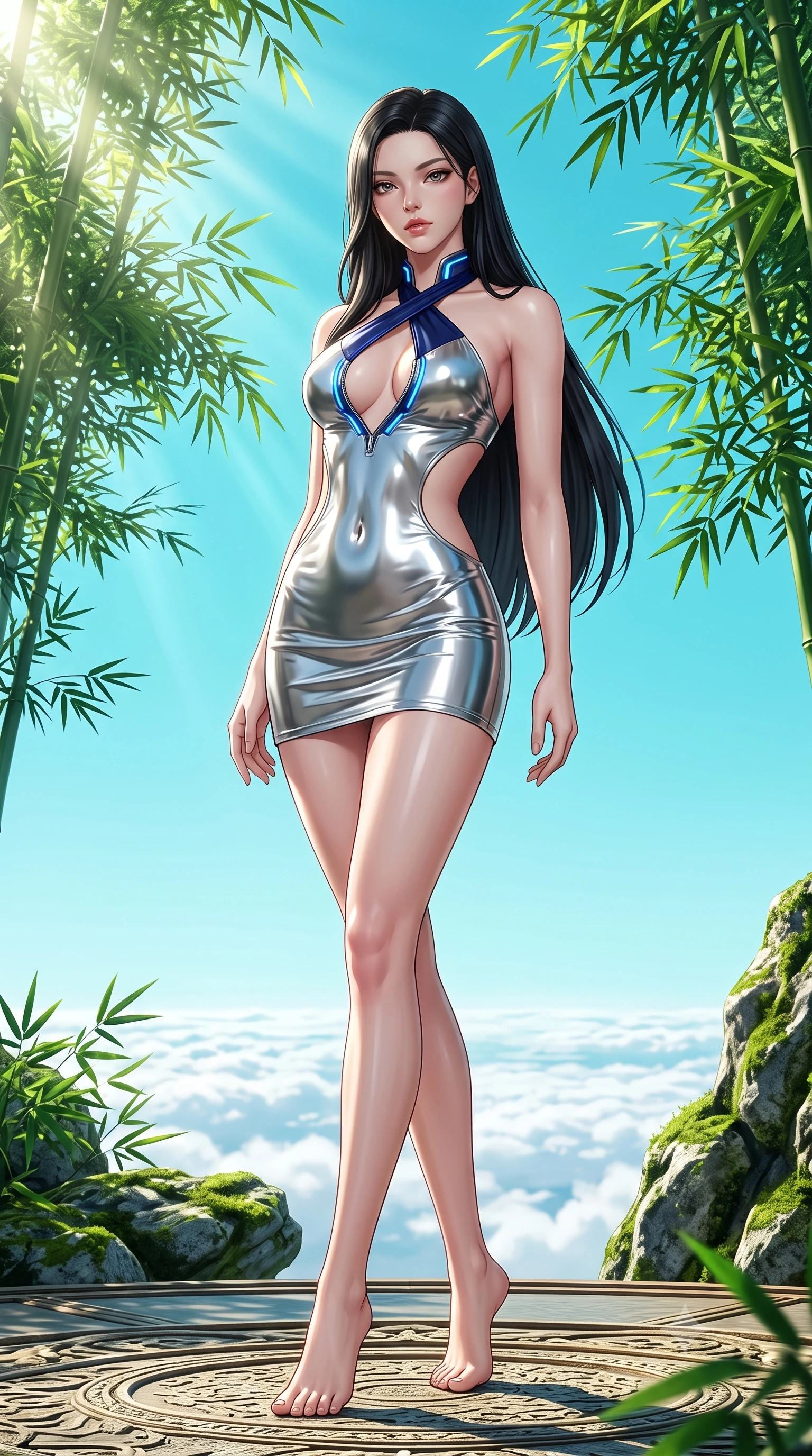 score_9, masterpiece, best quality, ultra-detailed, high-budget anime keyframe, semi-realistic 3D game render, editorial fashion photography, tasteful artistic composition, Korean woman. low angle full-body shot from head to toe showing her feet, filling the entire 9:16 vertical frame with her statuesque presence, stretching her vertical silhouette. arching her back in a fluid zero-gravity turn with sovereign grace, her long slender legs and sculpted torso creating a sweeping line while stretching her slender torso in an alluring S-curve on a floating meditation deck under a clear turquoise sky. The surrounding environment is rendered in vivid detail and crisp panoramic clarity. sharp green bamboo leaf tips, mossy rock textures, and panoramic cloud-sea horizon in high resolution. She has an absolutely perfect, statuesque 8.5-heads proportion, an exceptionally tall and slender model-like female figure with impossibly long slender legs, a toned flat midriff, and an ultra-slim waist. sharp v-shaped jawline, high-bridge nose, intricate jewel-like eyes with depth, thick eyelashes, glossy lips with a natural sheen, flawlessly proportioned anatomical accuracy, strict slender model proportions, natural body alignment, perfectly sculpted long slender limbs, ultra-slim waistline, clean dynamic posture without body distortion. wearing a molten silver liquid-metal mini dress featuring deep side-waist cutouts and a daring crossover halter neckline in deep royal navy blue and specular chrome, crafted from ultra-reflective second-skin latex with a high-gloss glass-like polish, featuring a dangerously unzipped neckline framed by glowing cybernetic accents, the form-contouring material adhering flawlessly to her sculpted flat midriff and slender torso, emphasizing her long leg lines and perfectly proportioned willowy build. bathed in bright morning sunbeams filtering through emerald bamboo canopies. highly saturated vibrant anime colors, detailed shading with soft gradients, rich glossy textures, high-contrast stereoscopic depth, volumetric dynamic lighting, master piece, 9:16 ratio