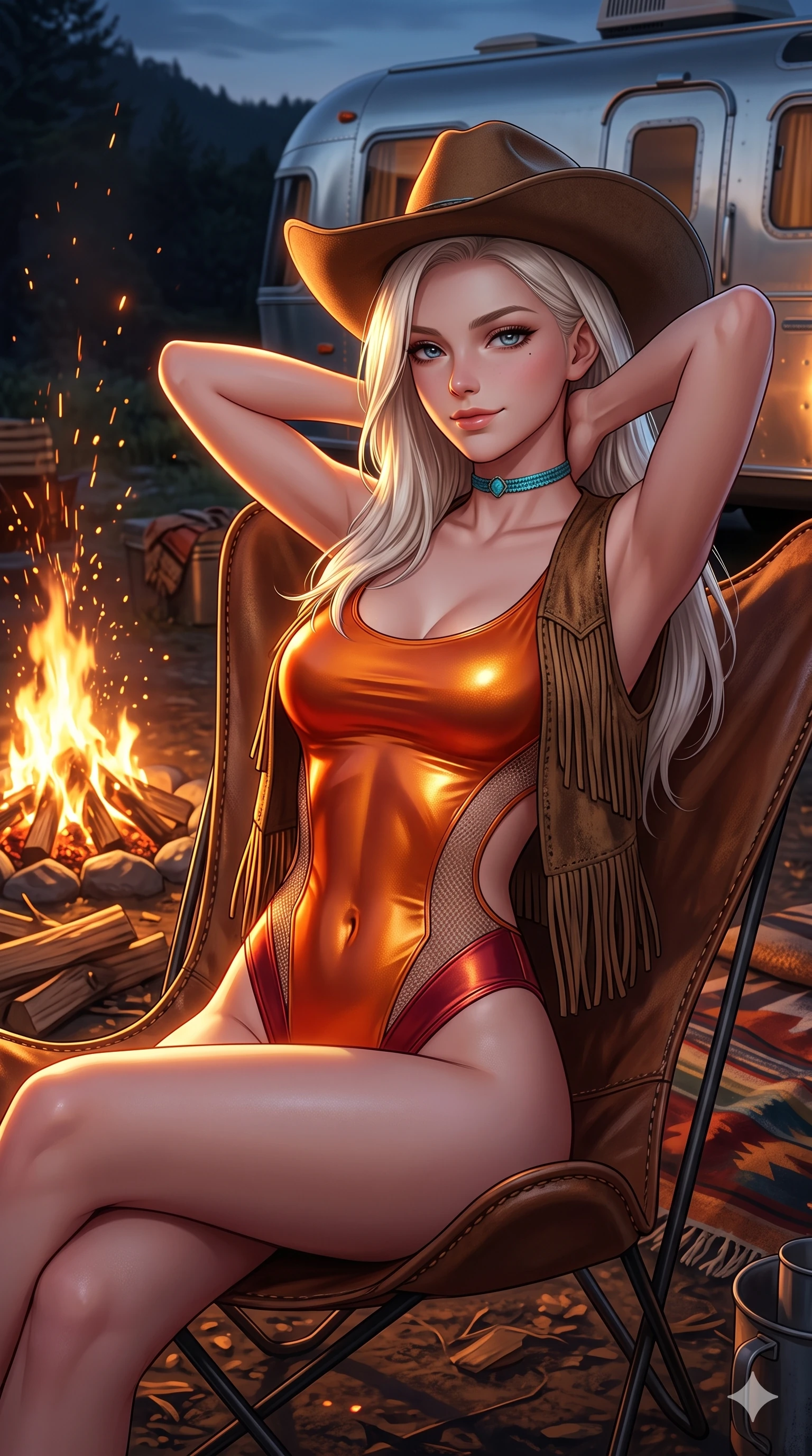 score_9, masterpiece, best quality, ultra-detailed, high-budget anime keyframe, semi-realistic 3D game render, editorial fashion photography, tasteful artistic composition, Caucasian woman. close-up cowboy shot from the waist and thighs up, the character dominates the composition, filling the frame with her large presence. resting both hands lightly behind her neck with elbows raised, arching her spine to highlight her narrow waist, flat midriff, and breathtaking collarbones while lounging in a vintage butterfly leather chair by the fire, holding a tin mug with effortless coquettish charm and bedroom-eyes as sparks float upward. The surrounding environment is rendered in vivid detail and crisp panoramic clarity: detailed fringe suede vest texture, turquoise choker gleam, and vintage camping aesthetics in razor-sharp precision. She has an exceptionally elegant, slender, and willowy female figure with an ultra-slim waist, flat toned midriff, narrow ribcage, and sculpted feminine hips creating an alluring, slim hourglass silhouette without bulk. sharp v-shaped jawline, high-bridge nose, sparkling eyes with hypnotic seductive depth, thick curled eyelashes, glossy parted lips with a natural dewy peach sheen, alluring bedroom-eyes with an enchanting coquettish smile, exuding magnetic siren charisma and sophisticated glamour, flawlessly proportioned anatomical accuracy, strict slender model proportions, natural body alignment, perfectly sculpted long slender limbs, ultra-slim waistline, clean dynamic posture without body distortion. wearing a liquid metallic lamé one-piece swim dress clinging like a second skin with hip-high side cutouts in blazing desert sunset orange and deep canyon crimson, featuring strategic sheer-illusion micro-mesh cutouts along her ribcage and hip flanks, finished with a wide-brimmed felt cowboy hat tipped back to frame her face and long glossy hair, the liquid-tight tailored fabric clinging flawlessly to her narrow waist and rounded feminine hips, emphasizing every millimeter of her sculpted slim hourglass curves without any bulky heaviness. illuminated by aluminum trailer reflection bounce and sharp amber-gold rim lighting sculpting her jawline, flat midriff, and voluptuous hip curves. highly saturated vibrant anime colors, detailed shading with soft gradients, rich glossy textures, high-contrast stereoscopic depth, volumetric dynamic lighting, master piece, 9:16 ratio