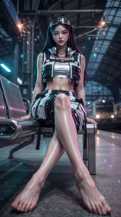 score_9, masterpiece, best quality, ultra-detailed, high-budget anime keyframe, editorial fashion photography, tasteful artistic composition, Korean woman. low angle full-body shot from head to toe showing her feet, filling the entire 9:16 vertical f