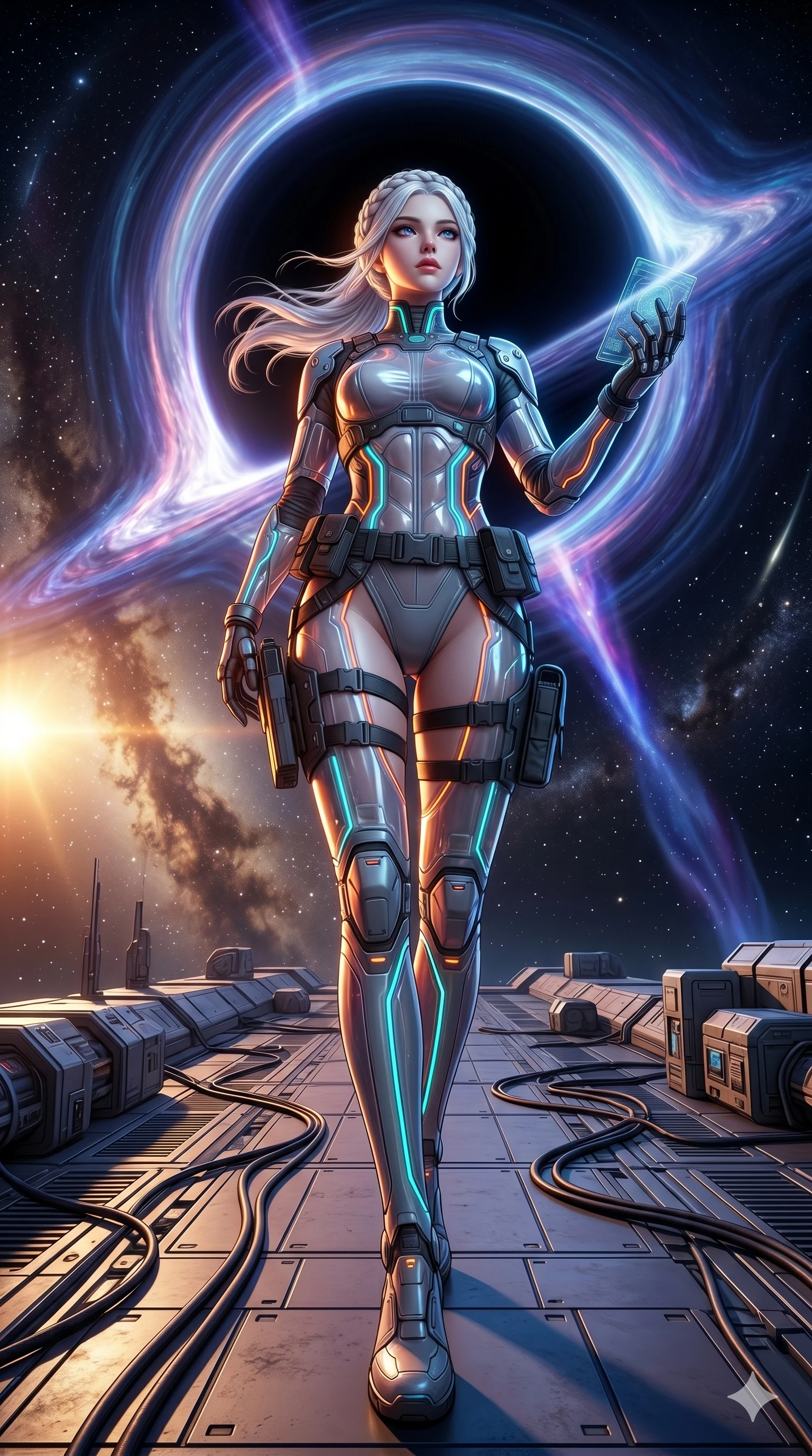 score_9, masterpiece, best quality, ultra-detailed, photorealistic 8k CG, hyper-detailed textures, ray-tracing, Korean woman. Dynamic full-body shot stretching the vertical silhouette with extreme perspective. standing on the deck of a ship as it sails into a black hole. She has an absolutely perfect 8-heads proportion, an exceptionally tall and slender female figure with an ultra-slim waist and impossibly long slender legs. strictly human anatomy, two legs only, no extra limbs, clearly defined legs and arms, perfect anatomy, perfect hands and fingers. sharp v-shaped jawline, high-bridge nose, intricate jewel-like eyes, thick eyelashes, glossy lips. Wearing Tech-Fantasy: Cybernetic tech-suit with glowing seams, translucent PVC over leotard, and modular tactical gear. The scene is illuminated by dramatic atmospheric lighting and vibrant color palettes. , 2k, ultra detail, master piece, 9:16 ratio