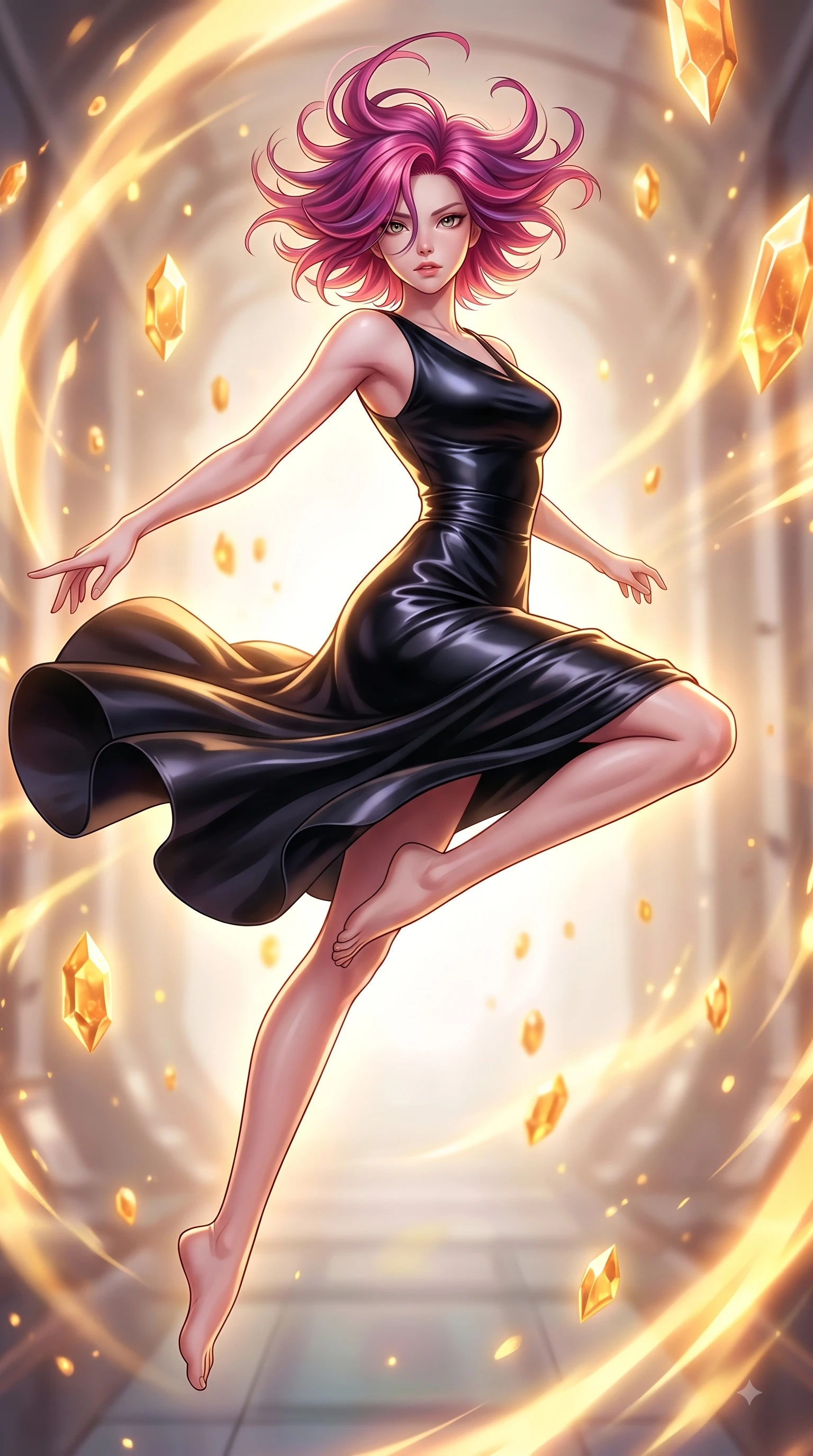 score_9, masterpiece, best quality, ultra-detailed, high-budget anime keyframe, editorial fashion photography, tasteful artistic composition, Caucasian woman woman. low angle full-body shot from head to toe showing her feet, filling the entire 9:16 vertical frame with her statuesque presence, stretching her vertical silhouette. She has an absolutely perfect, statuesque 8.5-heads proportion, an exceptionally tall and slender model-like female figure with impossibly long slender legs and an ultra-slim waist. leaping inside the glowing space with athletic poise, her hair swirling in a dynamic wind vortex, flawlessly proportioned anatomical accuracy, natural body alignment, perfectly sculpted elegant limbs, clean dynamic posture without body distortion. set against a soft-focus background of a temporal corridor with floating amber time crystals. wearing a sleek obsidian liquid silk midi dress with a tight tailored waistline. bathed in golden temporal energy flares casting dramatic volumetric rim lighting. highly saturated vibrant anime colors, detailed shading with soft gradients, rich glossy textures, high-contrast stereoscopic depth, volumetric dynamic lighting, master piece, 9:16 ratio